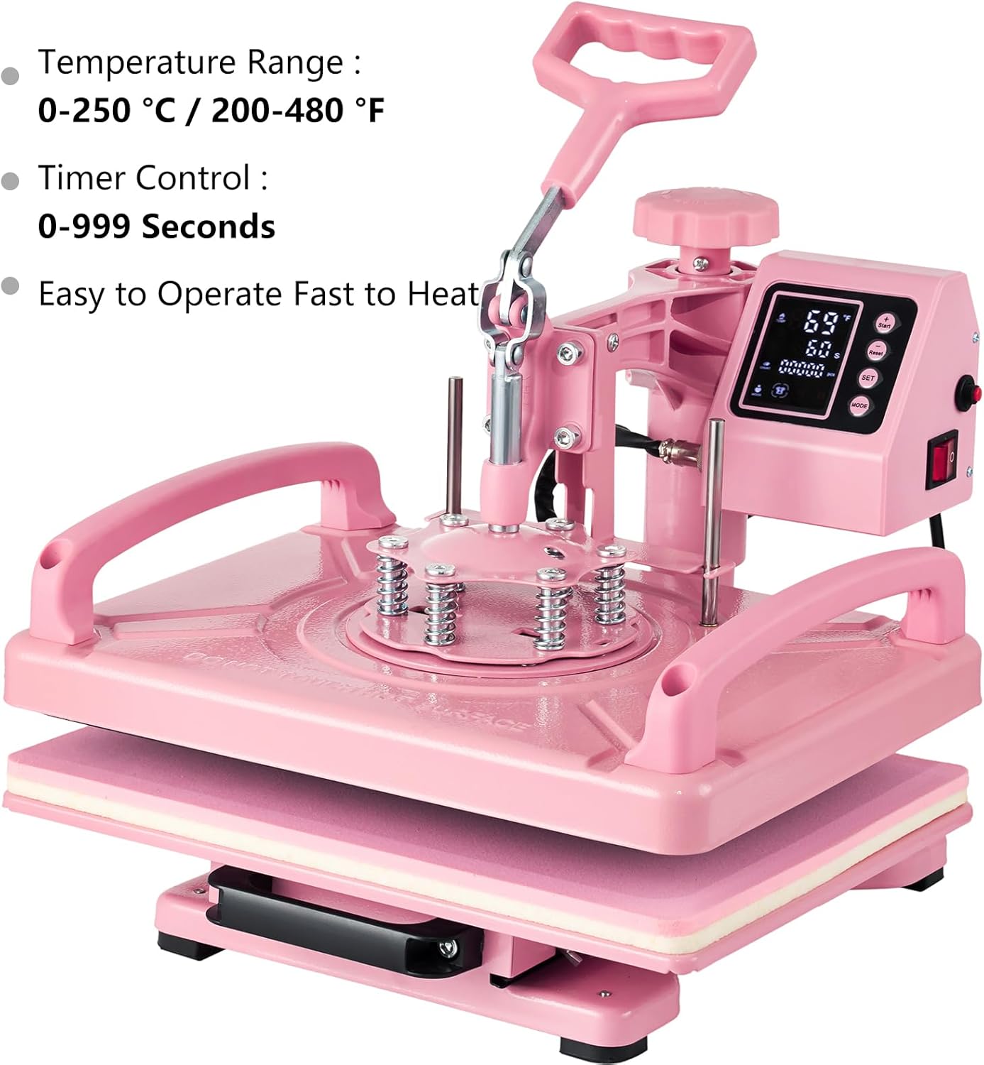 Digital control panel displaying temperature range (0-250°C / 200-480°F) and timer control (0-999 seconds).