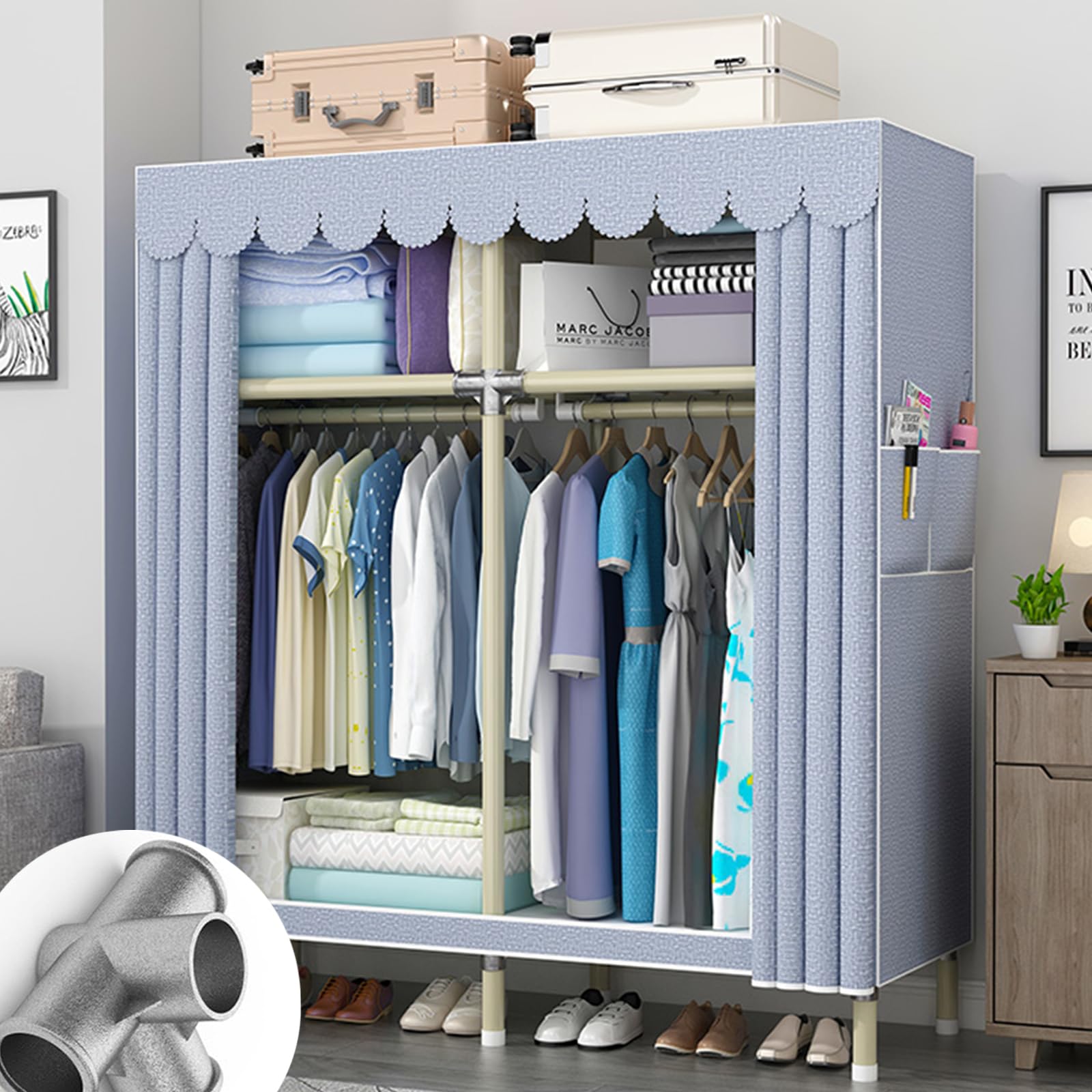 Detmol A Folding Wardrobe, Fabric Wardrobes For Bedroom, Portable Clothes Storage Organiser, Foldable Closet Cupboard Unit, Portable Wardrobe Shelves With Hanging Rail, Yellow