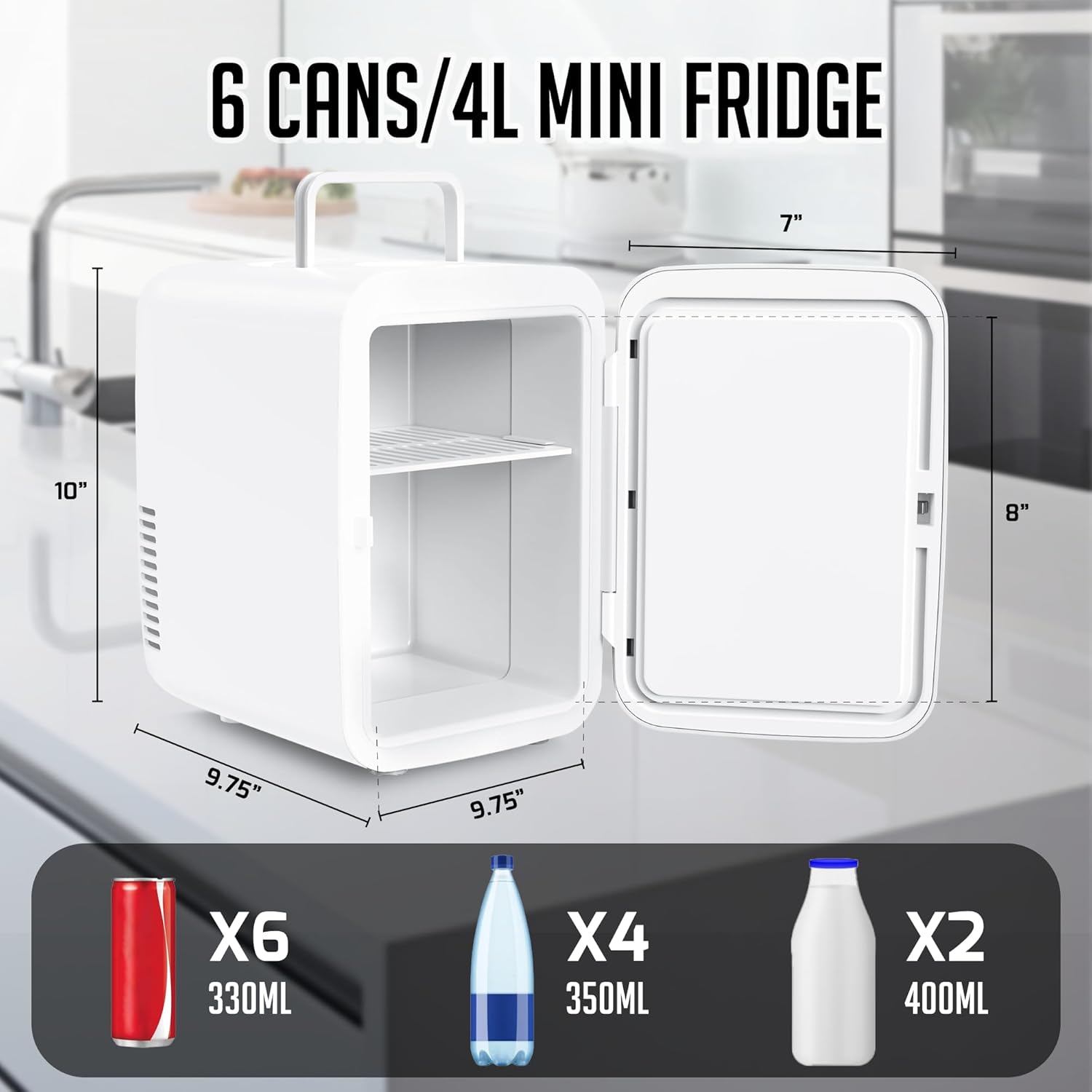 OVENTE Mini Fridge, 4L Capacity Fits 6 Can Beverages, Portable Personal Refrigerator and Small Cooler for Skin Care, Cosmetics or Food, Ideal for Bedroom, Home Office, Dorm and Car, White RF04W