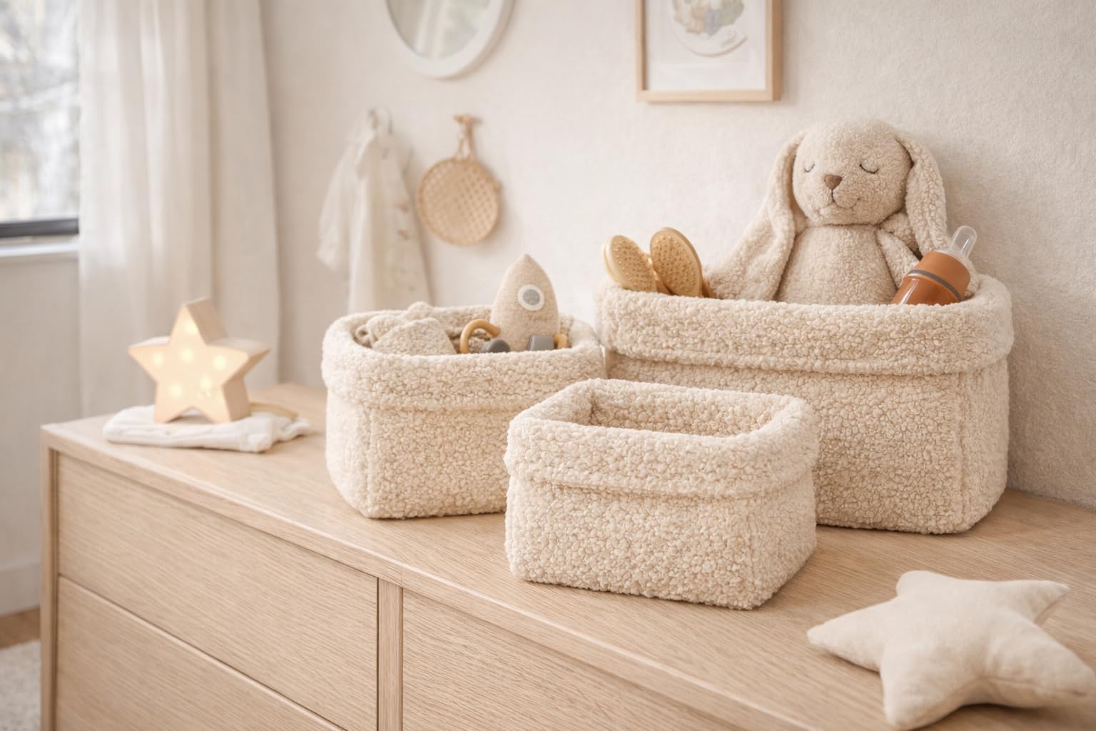 Aufbewahrungskorb Wickeltisch Baby, Körbchen Set 3 Stück, Organizer Wickelkommode, Utensilo Aufbewahrungsbox Badezimmer (BOUCLE_CREME)