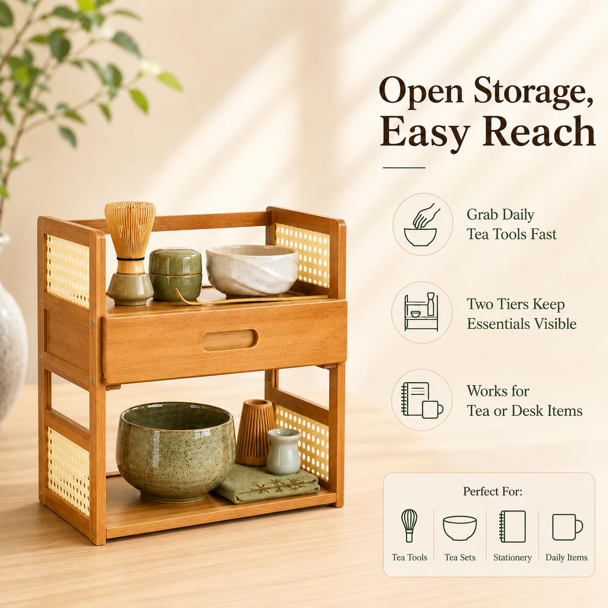 Scaffale da scrivania con cassetto, organizer da tavolo a 2 livelli con cornice in bambù e finto rattan, piccola libreria da ufficio, per caffè Matcha, tazze, libri, soggiorno e ufficio