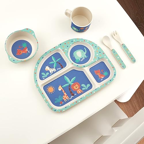 Miniatura 2 de Funkins - Juego de platos de bambú ecológicos para niños y niños pequeños, incluye plato dividido, cuenco, tazón, tenedor y cuchara, apto para