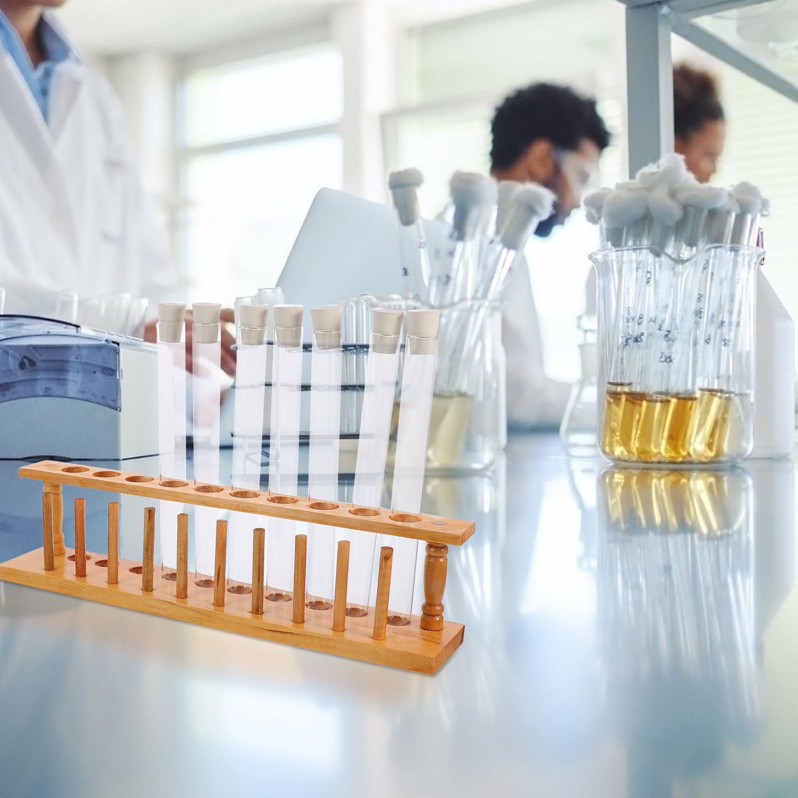 YARNOW Kit di Provette in Vetro con Tappi di Gomma, Supporto in Legno da 10 Fori e Spazzola per Pulizia, per Esperimenti Scientifici Scolastici e Attività Creative