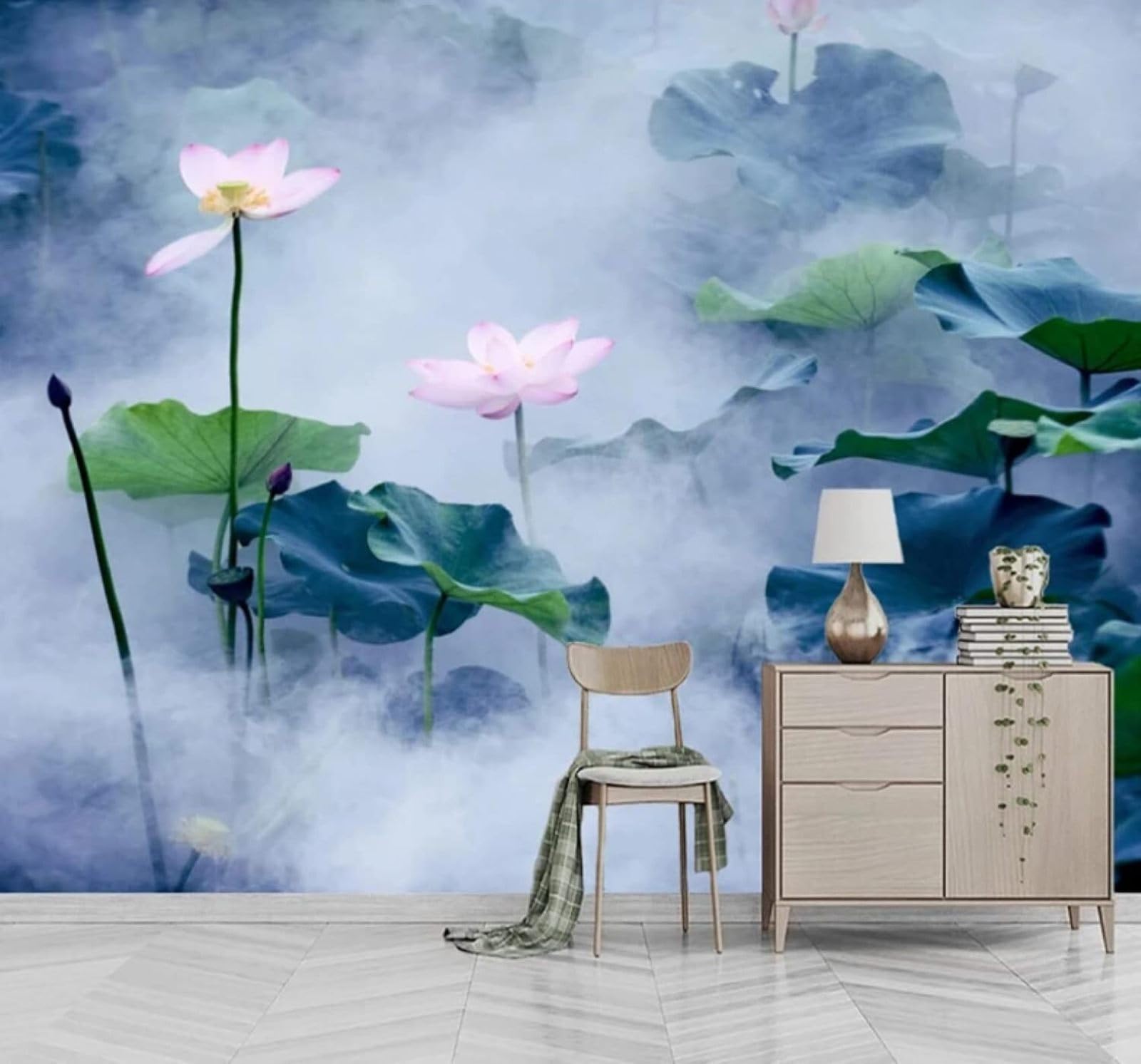 Beautiful Fresh Ink Wash Lotus Landscape 3D Wallpaper Easy Install Feature Office Living Room Sofa Bedroom TV Background Wall Decoration-150cm×105cm