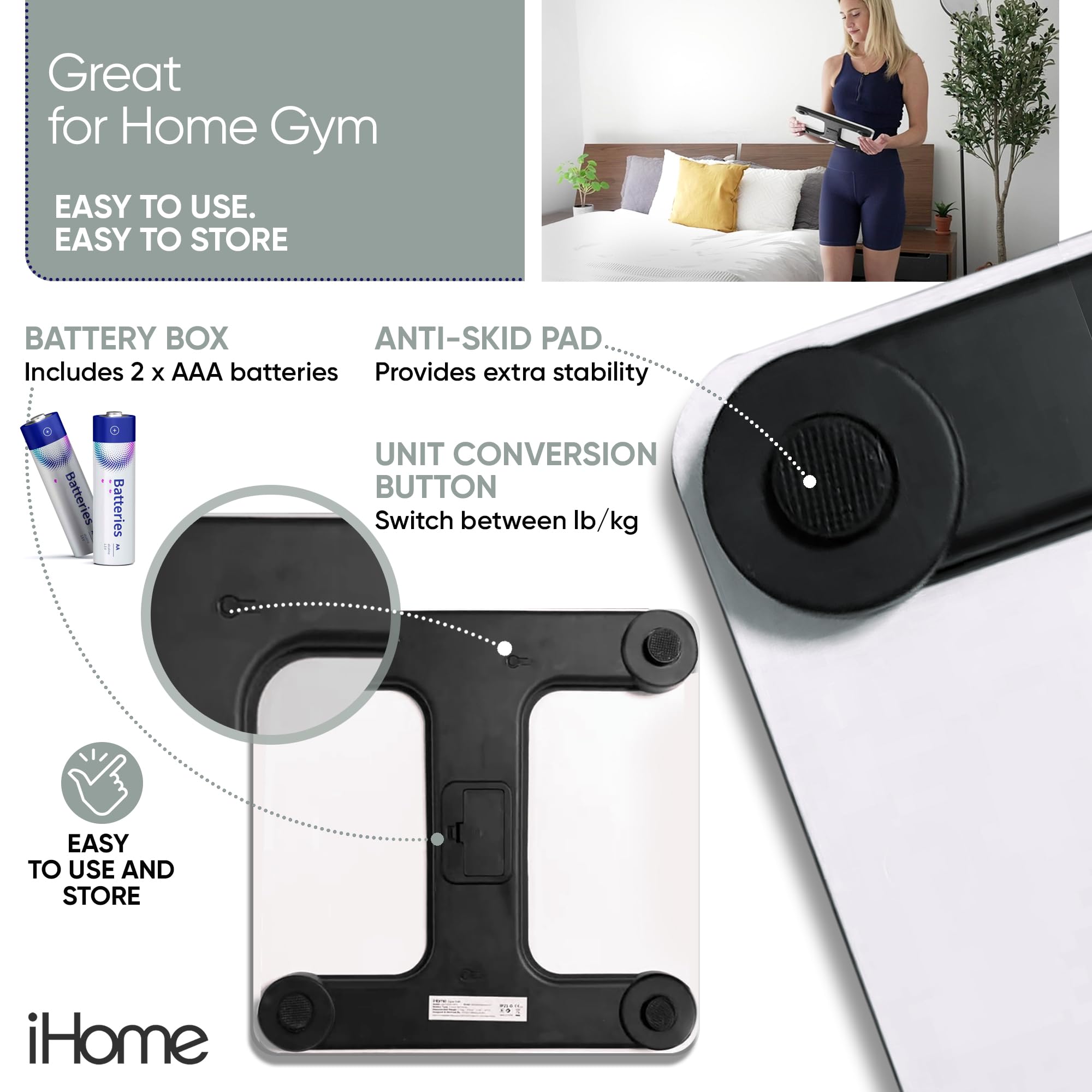 iH iHome Pèse-personne numérique haute précision alimenté par piles avec écran LCD Idéal pour la salle de sport à domicile Blanc 180 kg