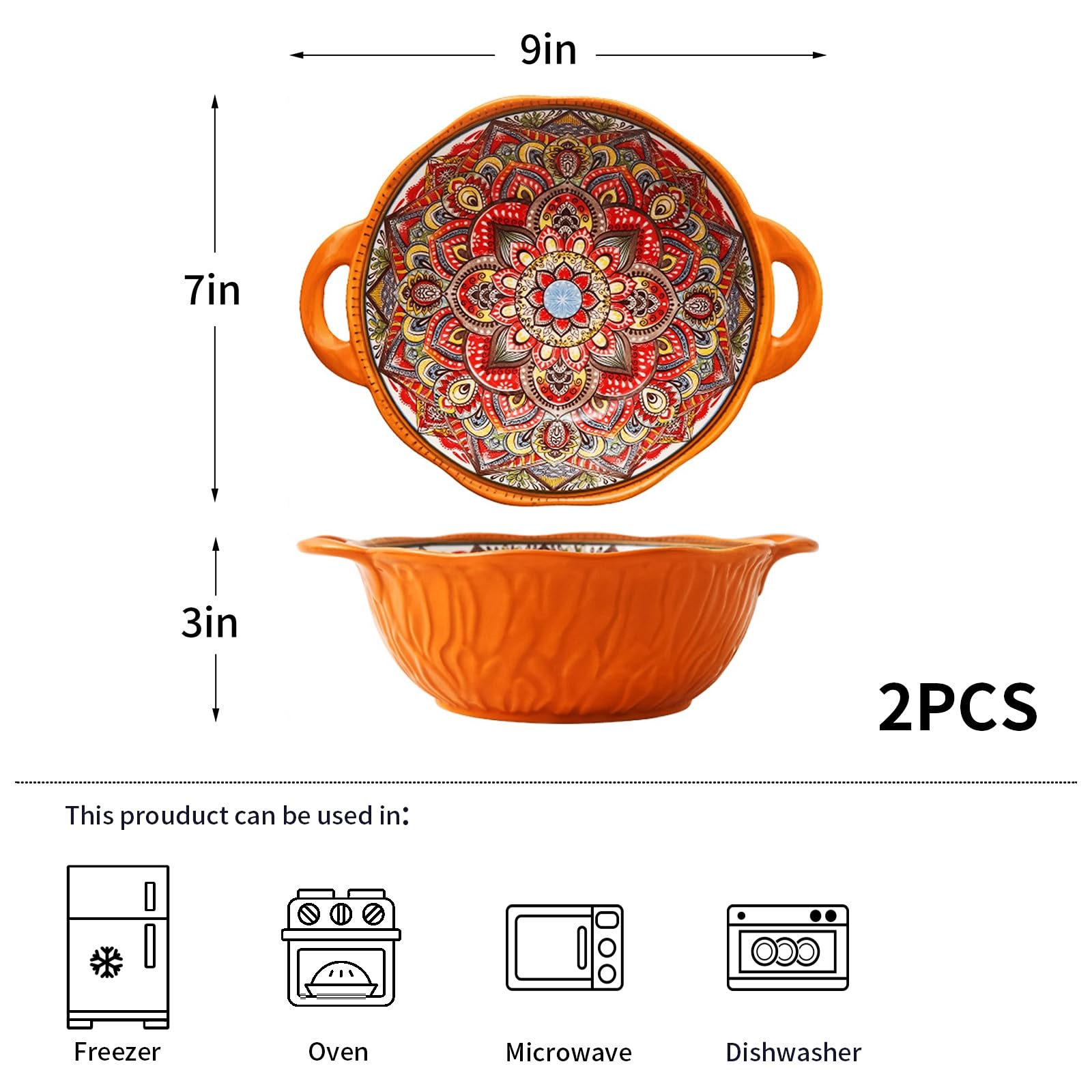 4 Keramik-Servierschalen Bohemian – 2,2 L, Mikrowellen- & Spülmaschinenfest, Bunt