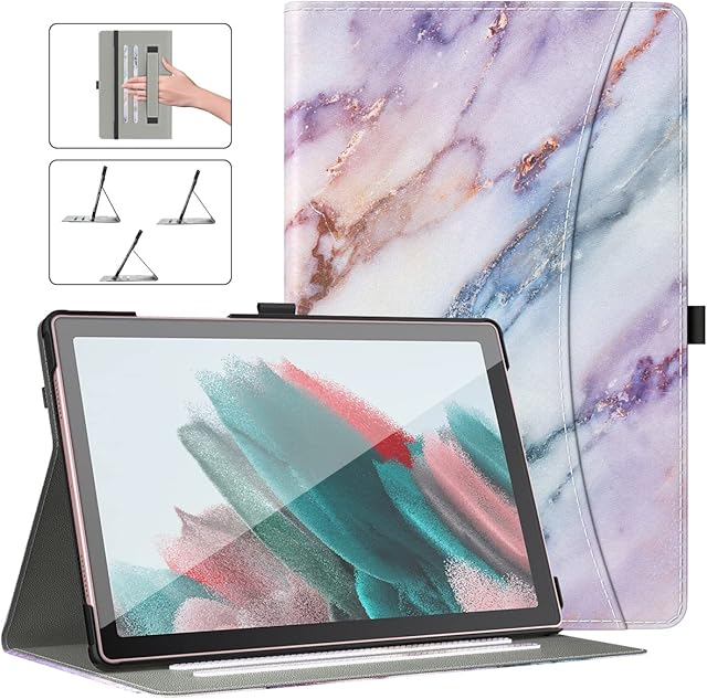 Dadanism Case for Samsung Galaxy Tab A8 10.5 Inch 2022 (SM-X200/X205/X207) with Flexible Hand Strap & Pocket, Multi-Angle Viewing Stand Lightweight Protective Cover, Auto Sleep/Wake, Purple Marble