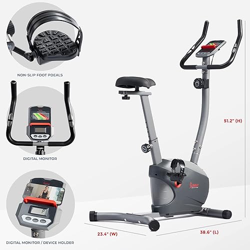 Miniatura 6 de Sunny Health & Fitness Bicicleta estática vertical de rendimiento con resistencia magnética de 8 niveles, sensor de pulso y exclusiva aplicación