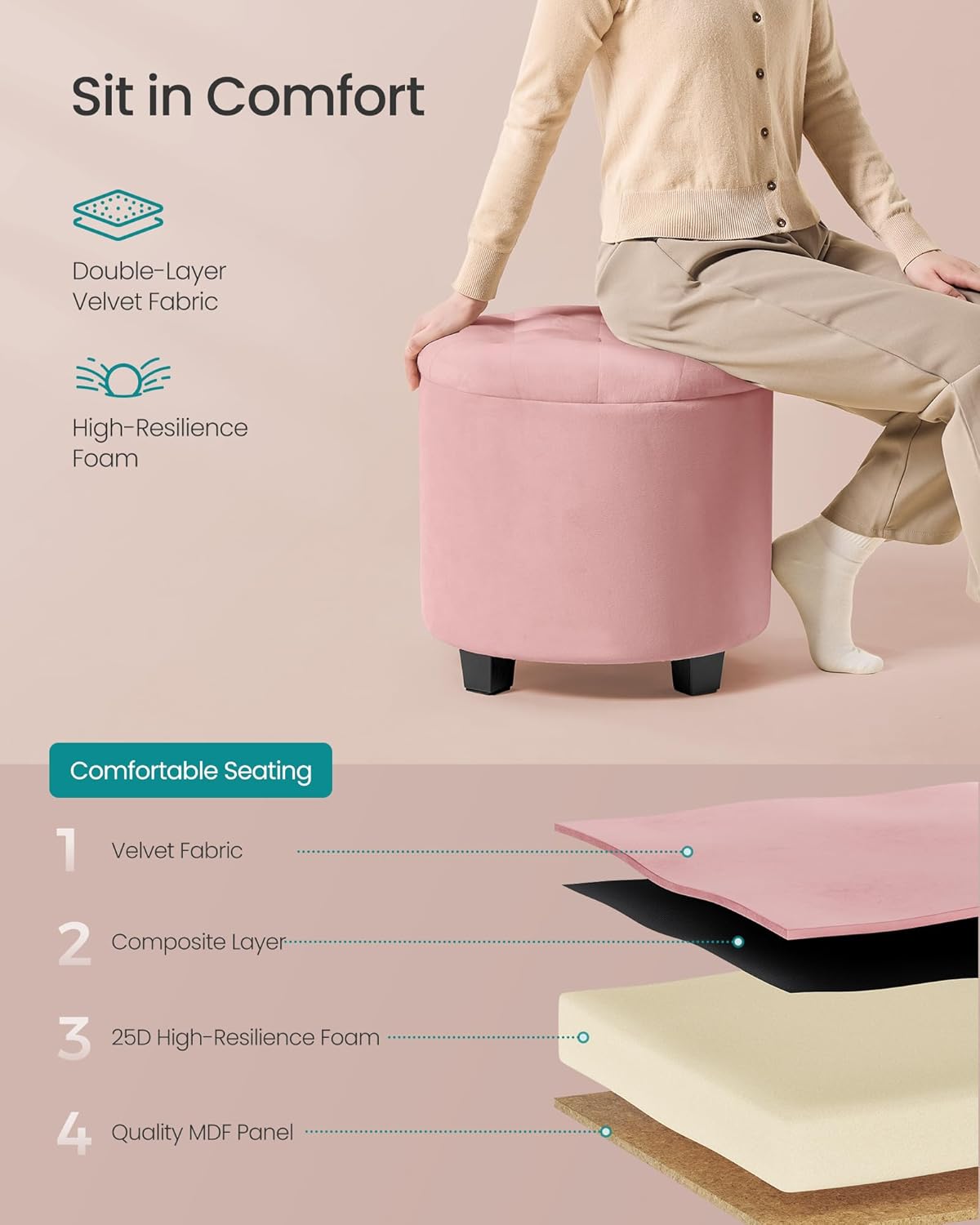 SONGMICS Round Ottoman, Ottoman with Storage, 17.7 x 17.7 x 17.5 Inches, Foot Rest with Legs, Velvet, Load up to 330 lb, for Living Room, Bedroom, Jelly Pink ULOM012R01 - Image 5