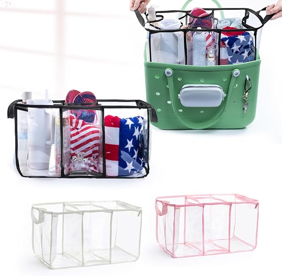 AMOIGEE Clear Beach Bag Organizer Insert with 3pcs Accessories for XL Bogg Bag Inserts - Tote Bag Divider with Sunglasses Holder, Phone Holder and Clips Hooks - Beach Tote Insert Organizer Liner