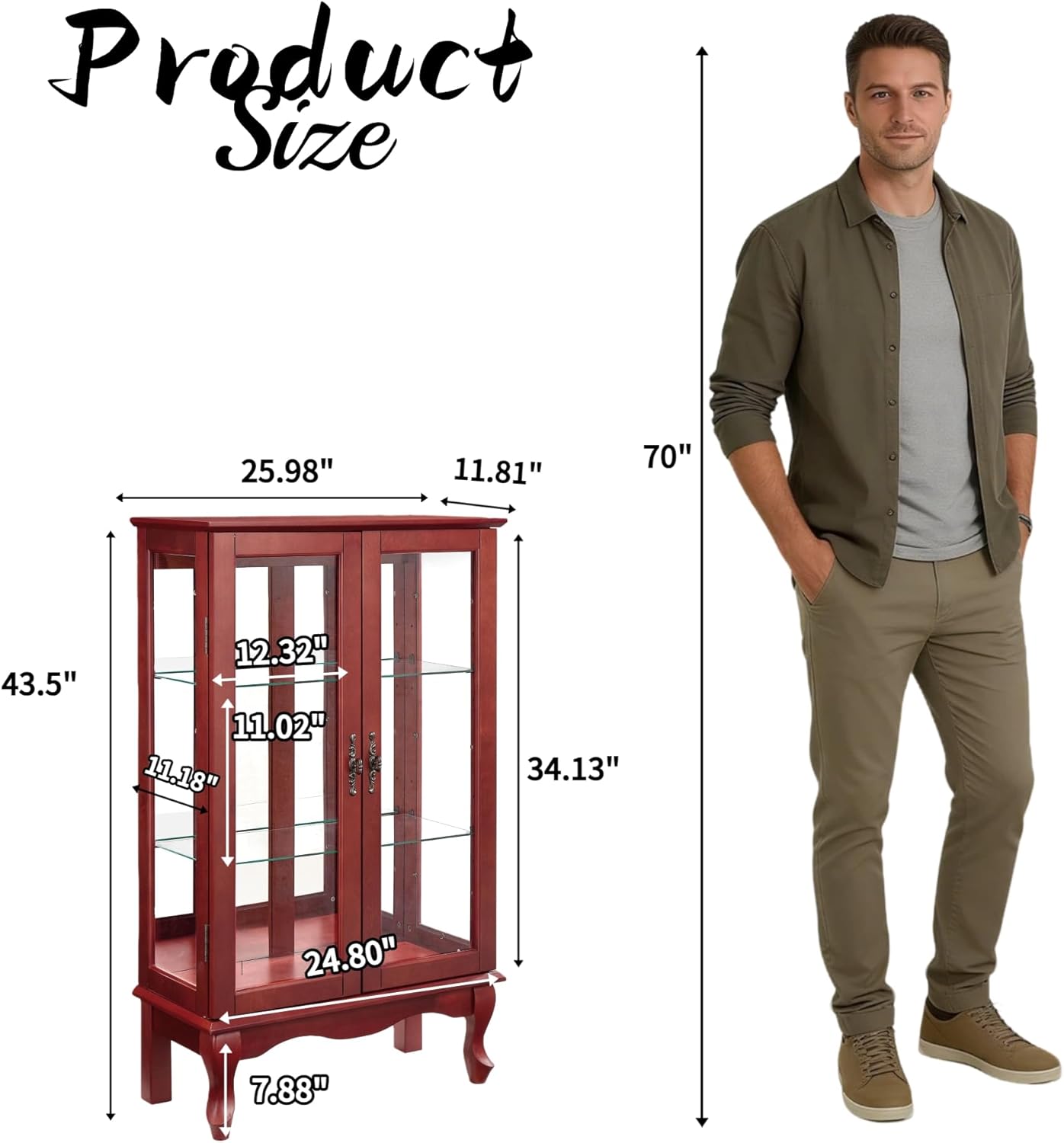 43"H Lighted Display Curio Cabinet, 3-Tier Glass Accent Storage Cabinet Curio Showcase w/ 2 Doors & Adjustable Shelves, Wine Artwork Storage Rack w/ Mirrored Back Panel for Living Room (Cherry)
