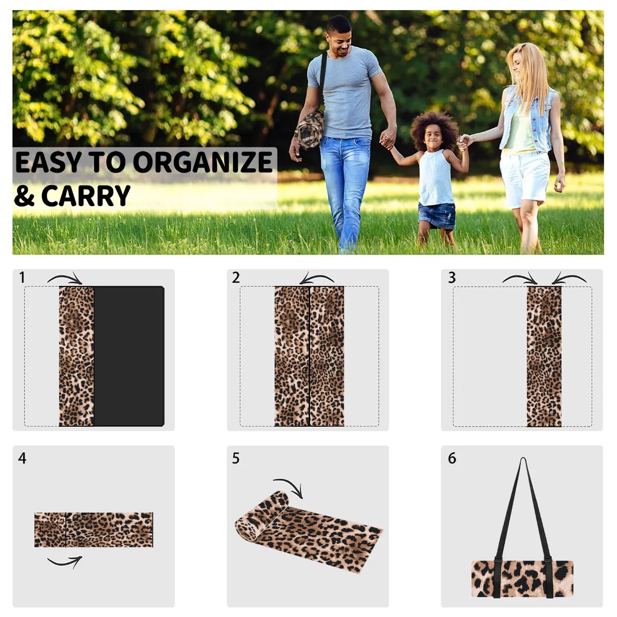 Picknickdecke mit Leopardenmuster, wasserdicht, sanddicht, faltbar, Stranddecke, 200,7 x 200,7 cm, extra groß, tragbar, waschbar, Outdoor-Matte für Camping, Park, Gras, Wandern, Reisen