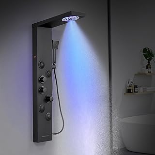 Duschpaneel mit Thermostat, 6 Funktionen Duschpaneel mit LED Regendusche, Nebeldusche, 4 Massagedüsen, Handbrause und Wanneneinlauf, Duschsäule aus Edelstahl Mattschwarz