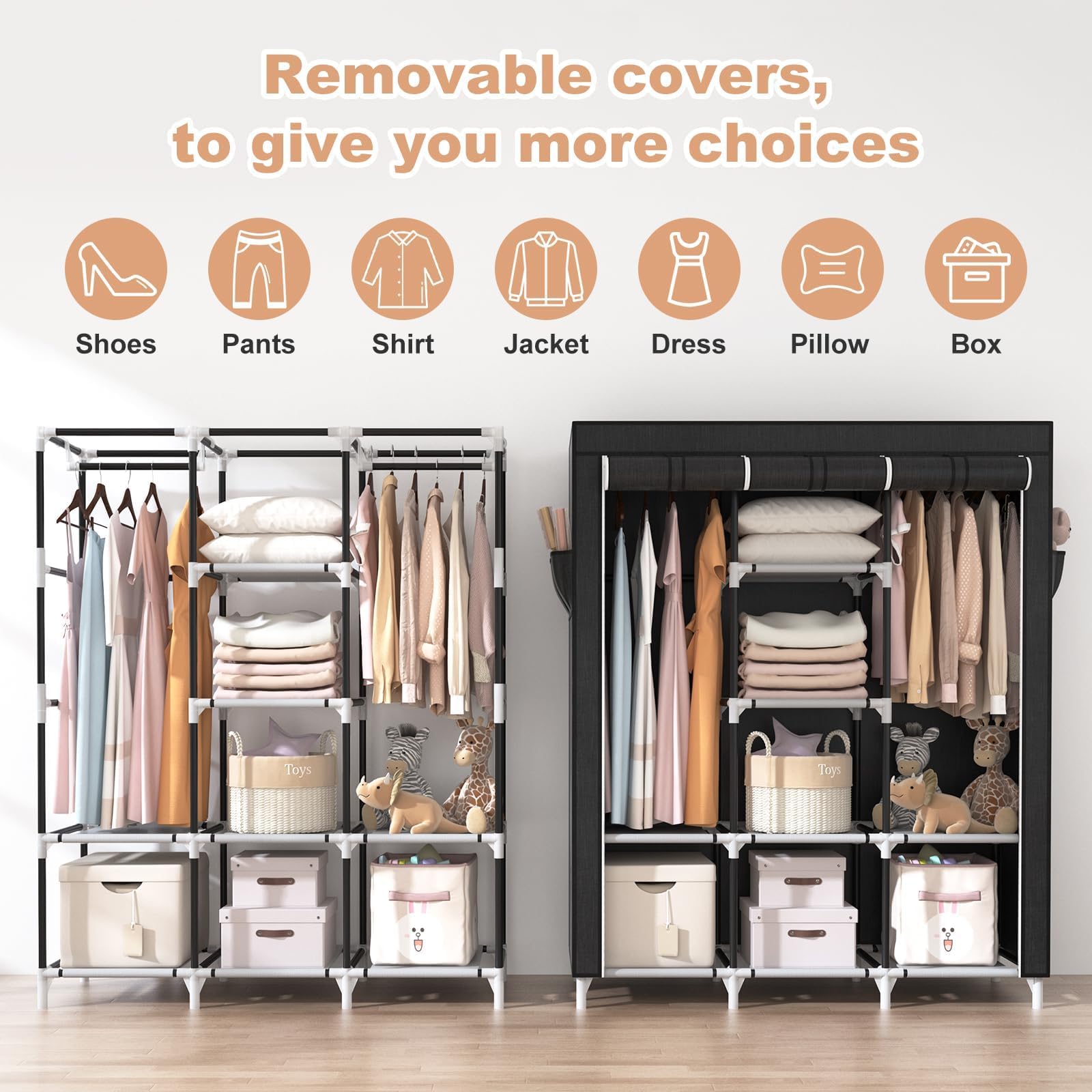 Vicye Grande Armoire en Tissu avec 2 tringles à vêtements et 8 étagères, Pliable, avec Housse, pour Dressing, Chambre à Coucher (Noir, 124 x 42 x 162 cm)
