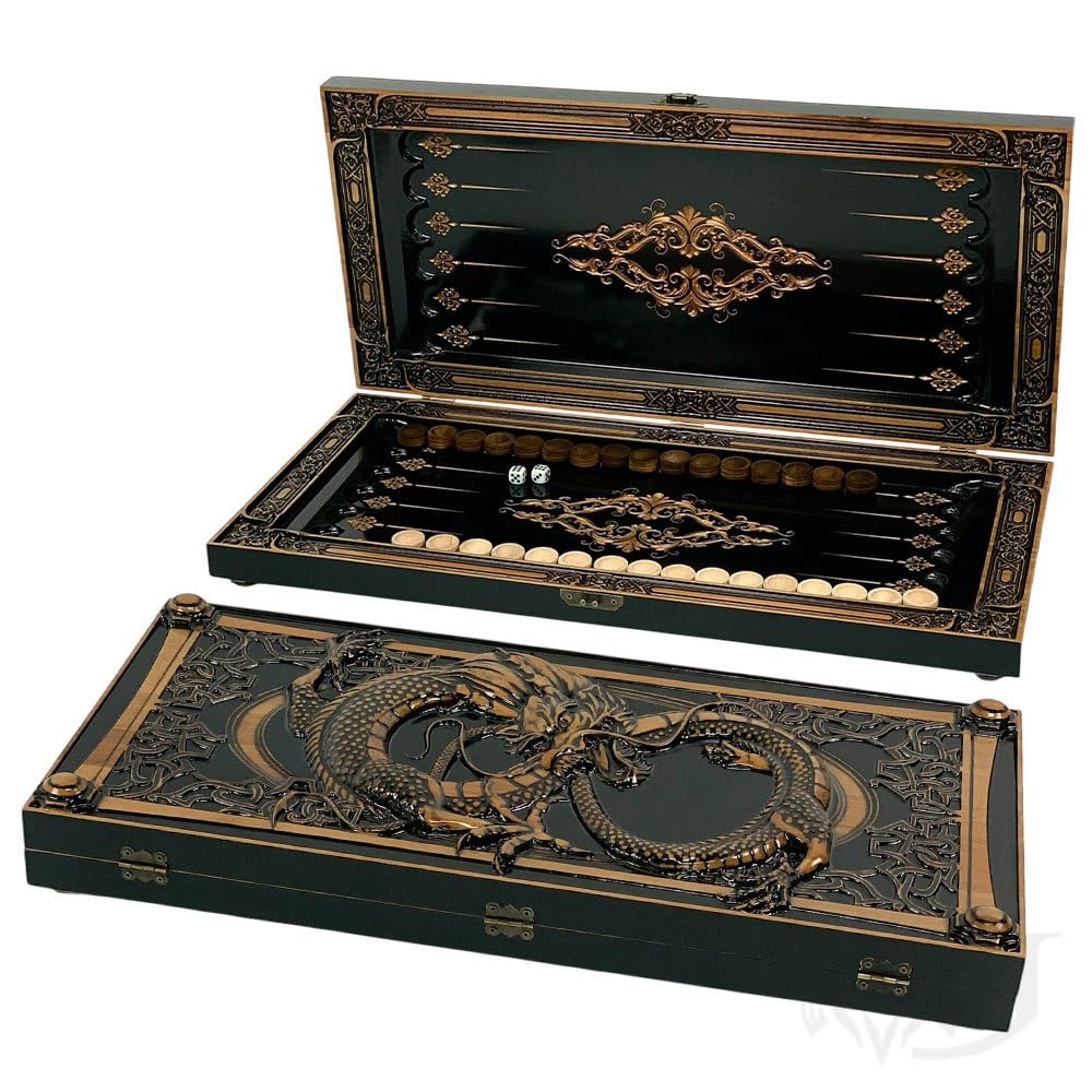 Backgammon - Fabriqué à la main - En bois massif - Grande sculpture de dragon - 60 cm - Jeu de société élégant en bois d'érable avec 32 pions et dés en bois - Idée cadeau de luxe pour les