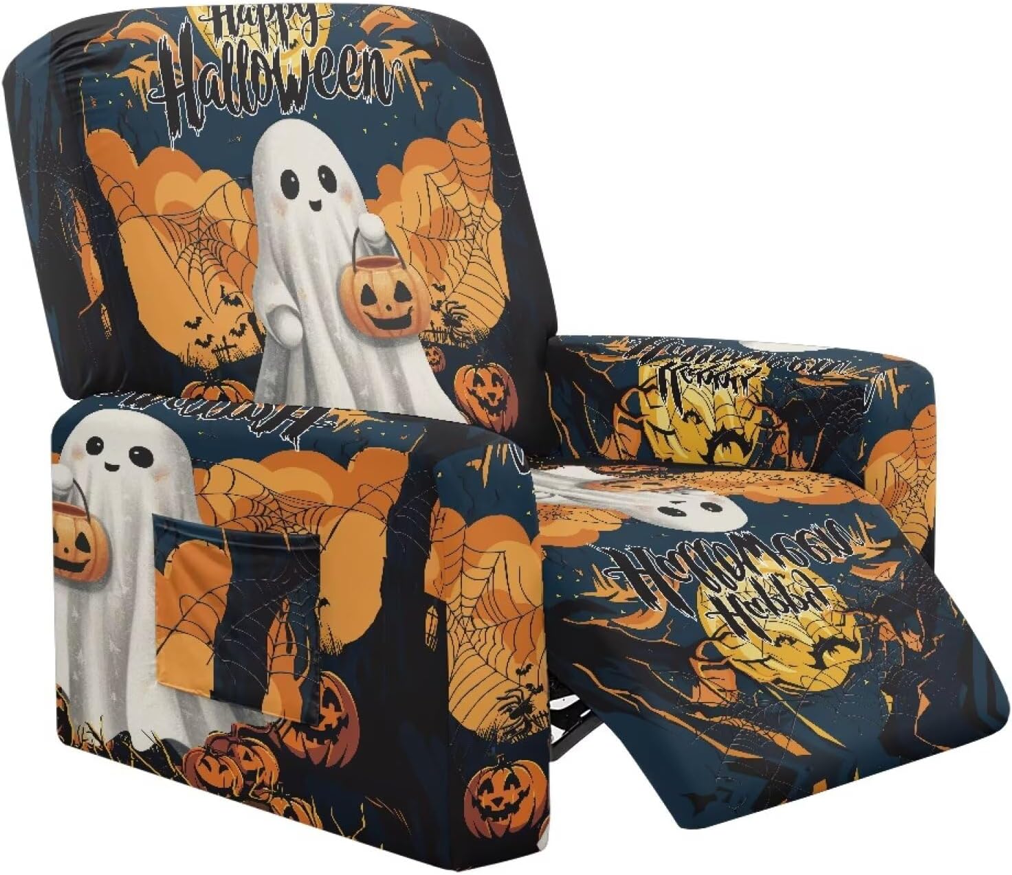 FOR U DESIGNS Ghost Pumpkin Furniture Covers for Recliners 4-Piece Stretch Slipcovers with Storage Pockets Elastic Edges Non Slip Washable for Reclining Chair Easy Install