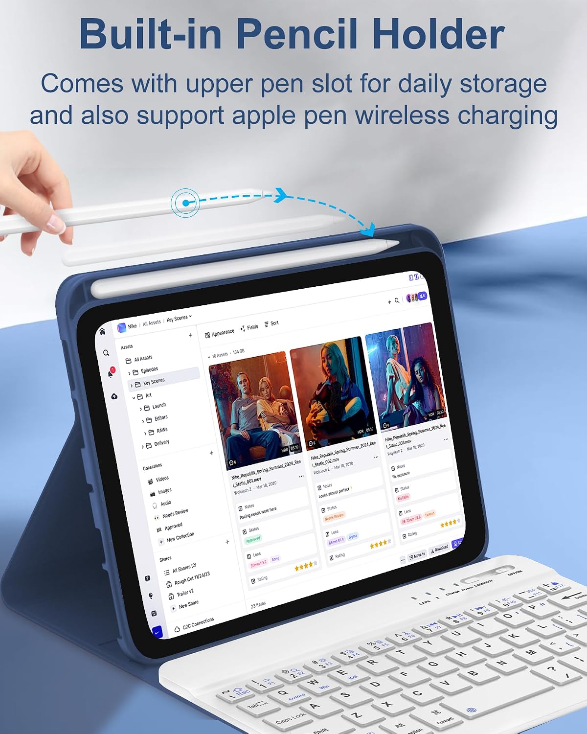 Keyboard Case for iPad Air 13 (M4, 2026/M3, 2025/M2, 2024) & iPad Pro 12.9 inch 6th/5th/4th/3rd Gen - Rechargeable, Wireless Detachable Bluetooth Keyboard, Smart Folio Cover with Pencil Holder - Navy