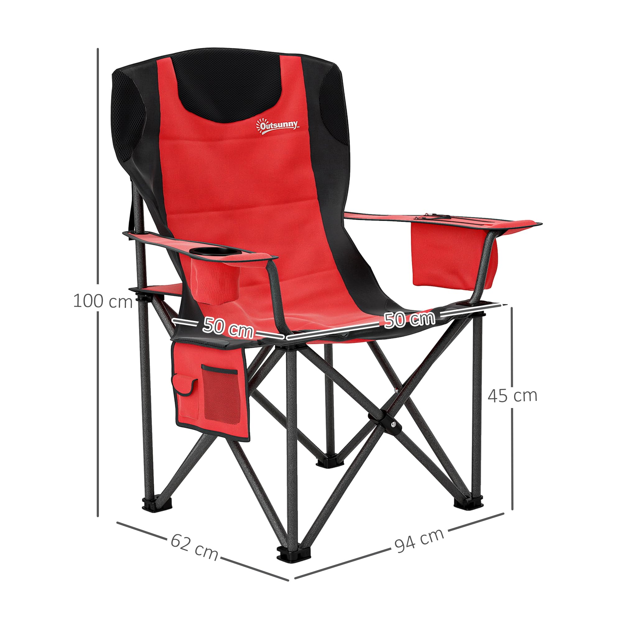 Outsunny Set 2 Sedie da Campeggio Pieghevoli con Borsa Frigo, Portabicchieri, Poggiatesta e 2 Tasche, Sedie da Giardino in Tessuto Oxford e Metallo, Portata Fino a 120 kg, 94x62x100 cm, Rosso