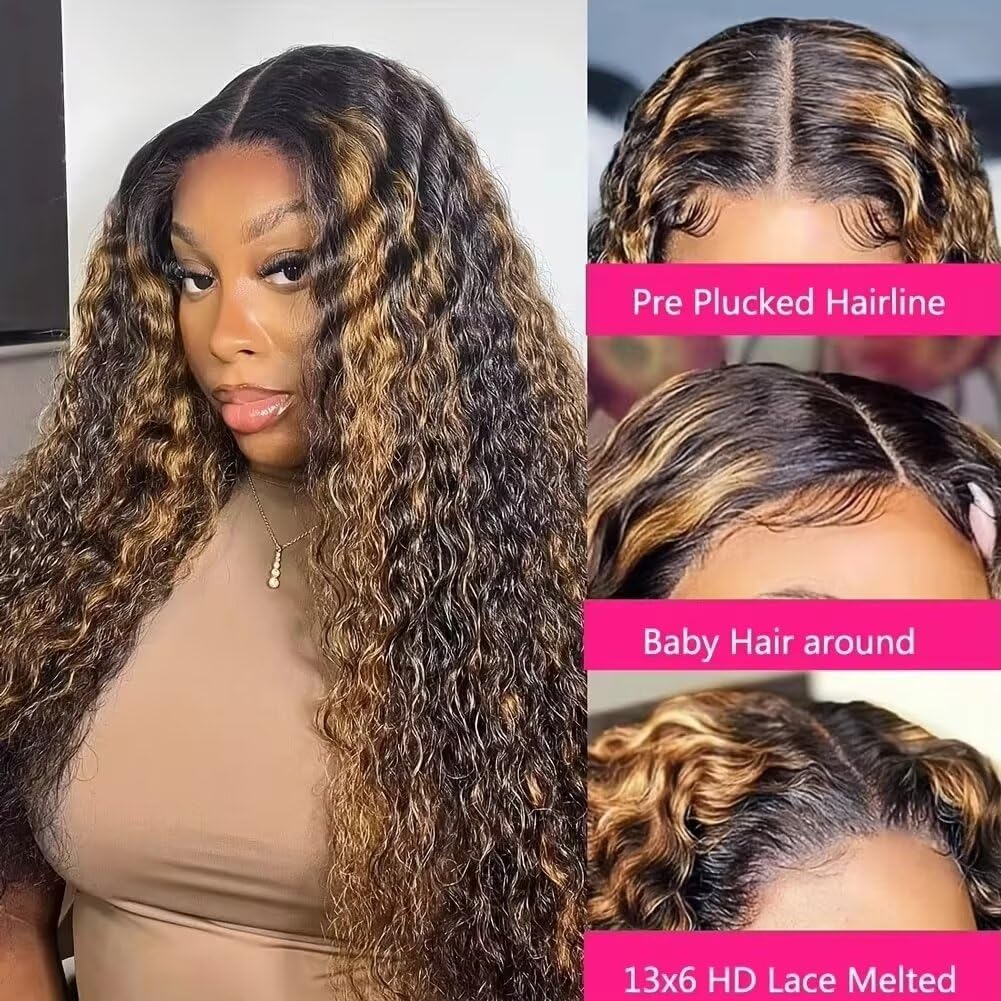 #1B/27 Ombre Highlight HD Lace Front Wig Deep Wave Human Hair Pre Plucked Bleached Knots Honey Blonde Balayage Colored Brazilian Remy Curly Wigs with Baby Hair For Woman 180% Density 18Inch