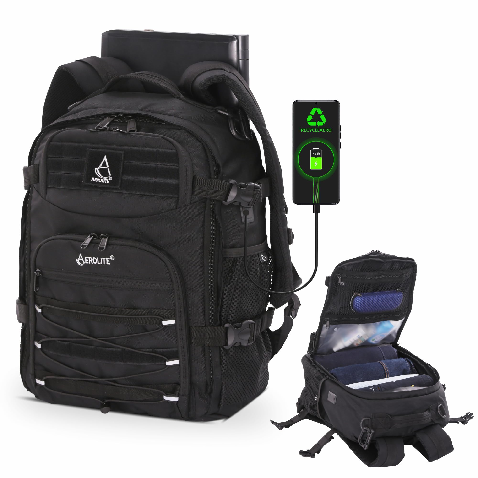 Aerolite 40x30x20cm Ryanair & Wizz Air Max 24L Tactical Backpack Water-Resistant Camping Hiking Trekking Travel Carry On Hand Cabin Luggage Flight Rucksack Bag 40x30x20 Ryanair Wizz Air Approved Black