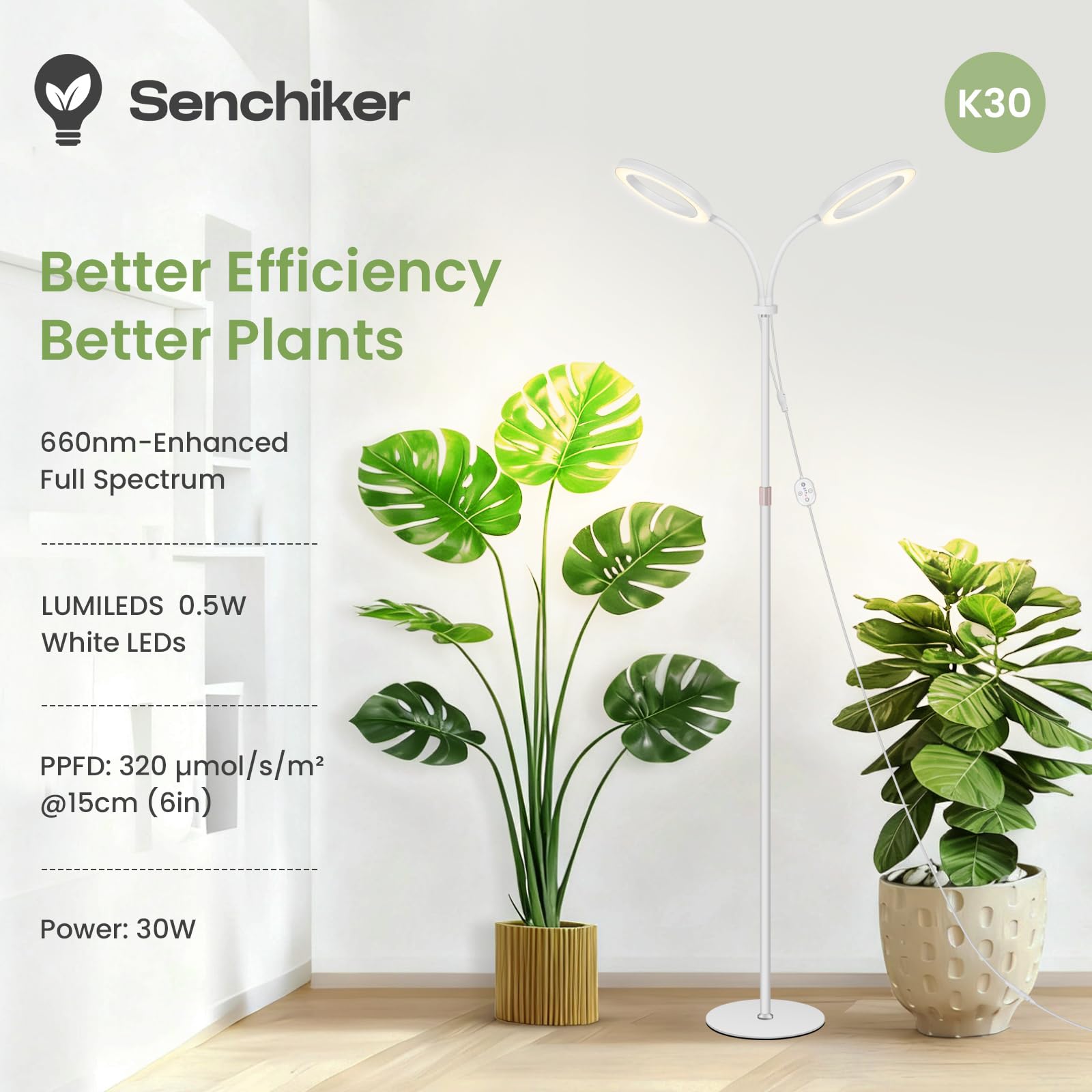Gran lámpara de cultivo 24 V para plantas de interior, espectro completo con 660 nm reforzado, LED LUMILEDS, 2×16 cm lámparas con temporizador y regulación, altura 56–178 cm, base 22 cm, 30 W