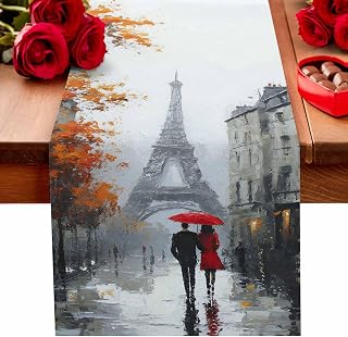 Valentine's Day Table Runner 13x36 Inch Cotton Linen Table Cloth, Couples Street Romantic Maple Leave Rainy for Kitchen Home Dining Living Room Dinner Holiday Party Decor