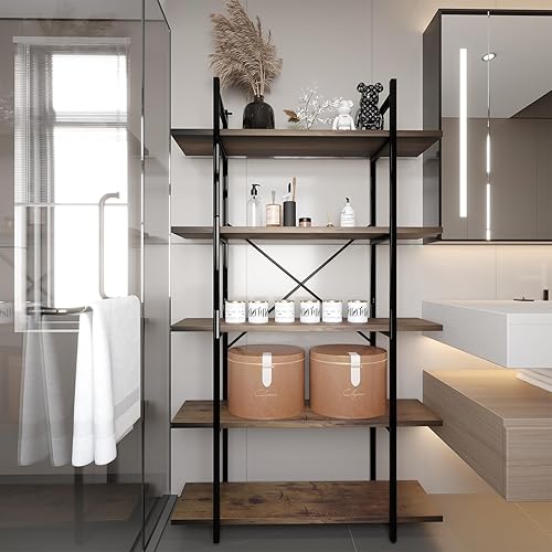 Miniatura 3 de Estantería organizadora industrial de 5 niveles, moderna estantería abierta de almacenamiento, estantería rústica marrón y metálica, estantería alta