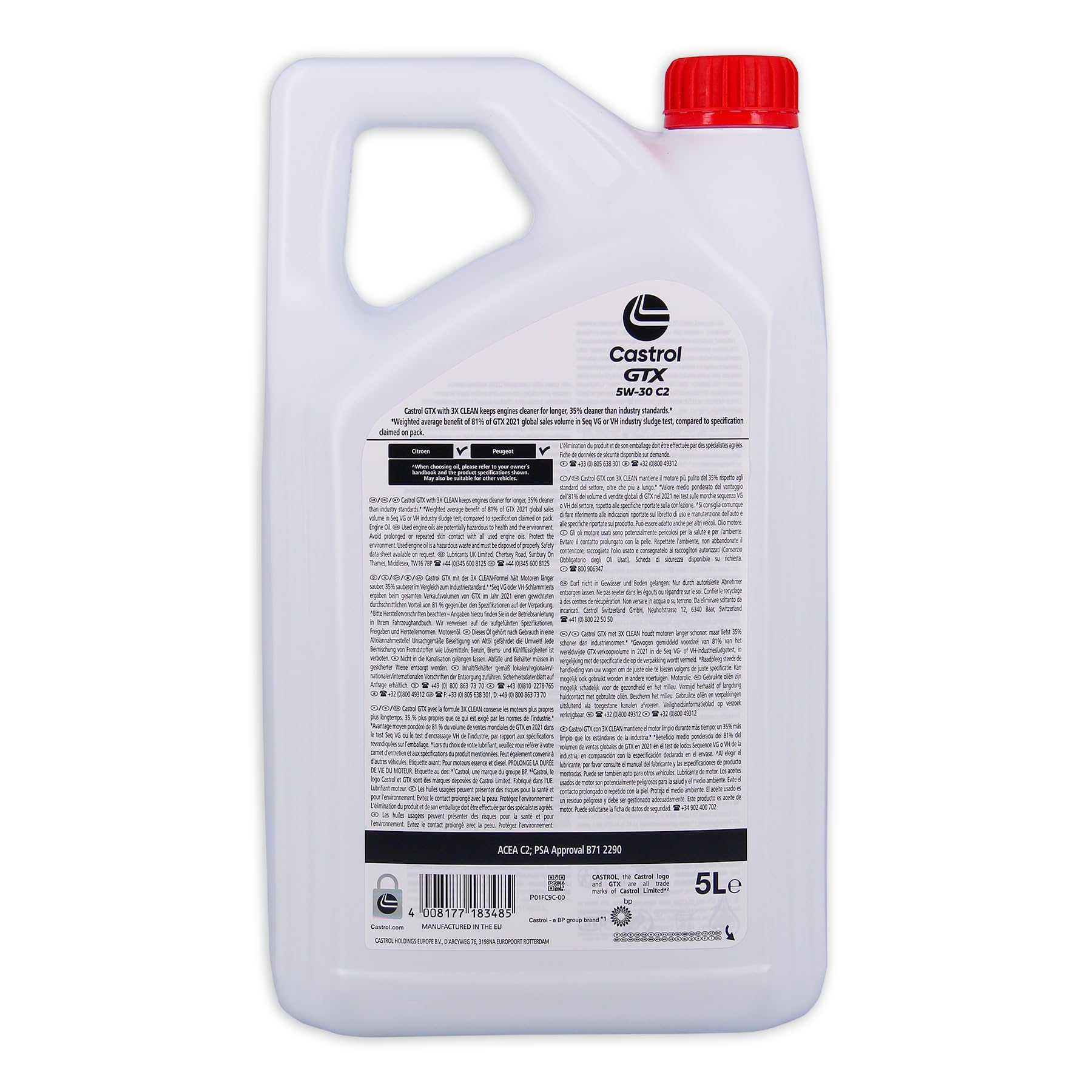 CASTROL Aceite de motor 5W-30 GTX ACEA C2 C2 5L Compatible con PEUGEOT 208 I Hatchback CA, CC 2008 I A94, CU, NISSAN Qashqai II J11, J11, KIA RIO III UB, CITROËN C1 PM, PN