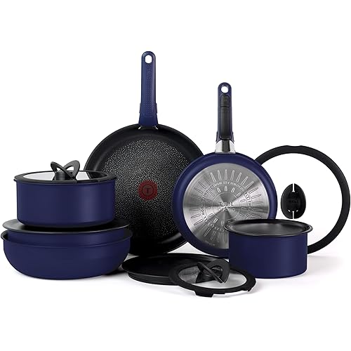 T-fal Ingenio Expertise Non Stick Cookware Set 14 Piece, Induction Oven Broiler Safe 500F, Detachable/Removable Handle, Kitchen, Pots and Pans, RV, Camping, Fry Pans, Saucepans, Dishwasher Safe, Blue
