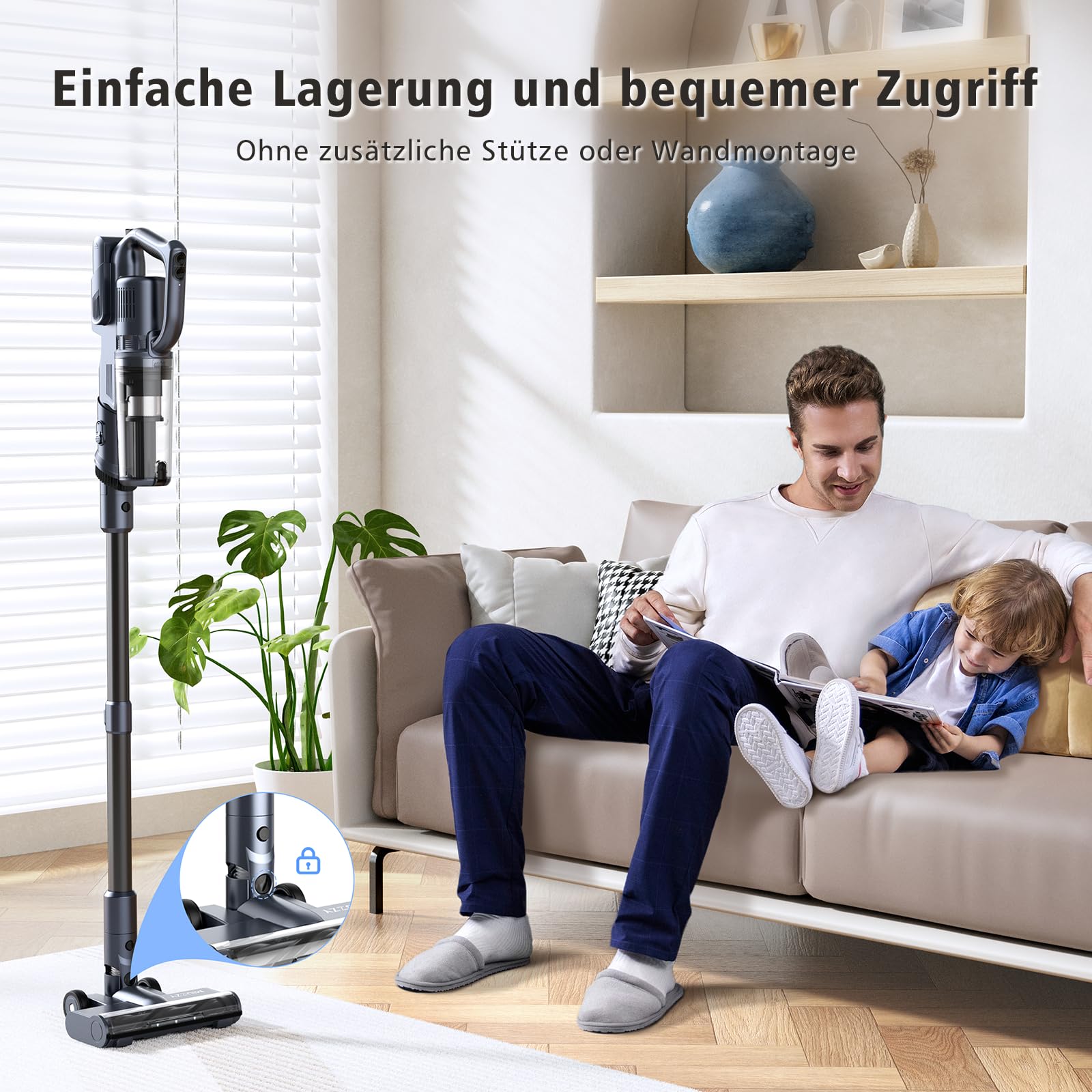 MIUZZY Aspirapolvere Senza Fili 6-in-1, 30.000Pa di Potente Aspirazione, Autonomia di 45 Min, Design Autoportante, Ciclonico, Scopa Elettrica Leggera e Versatile per Pavimenti, Tappeti e Auto