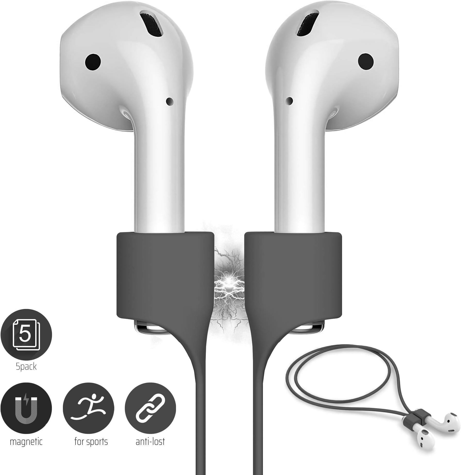 FONY Airpods Strap Magnetic Anti-Lost Cord Sport String Silicone Leash Cable Connector – Accessories for Airpods Pro/2/1 (5 Packs Grey)