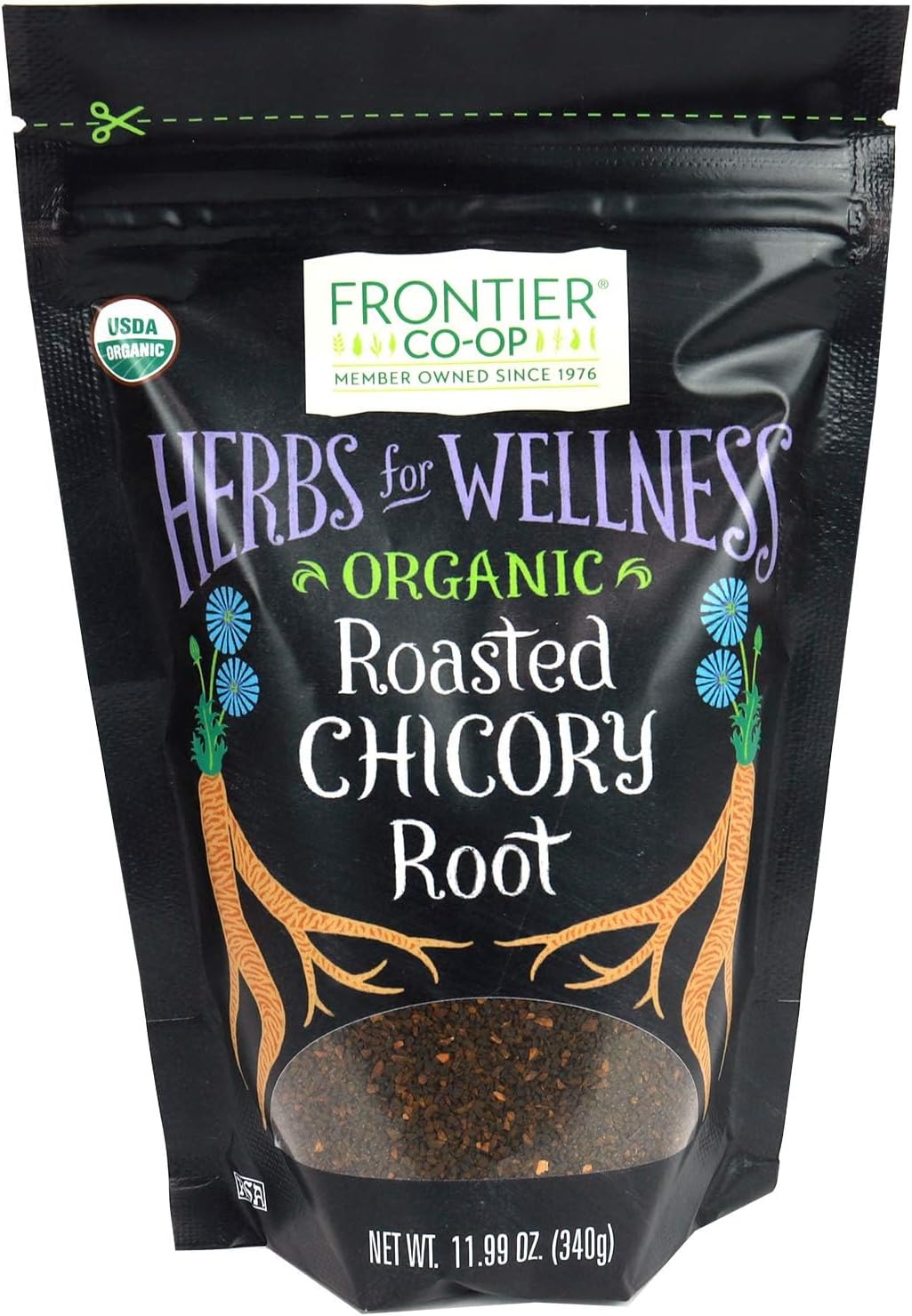 Frontier Co-op Organic Roasted Chicory Root Granules 11.99oz - Chicory Root Coffee Substitute Alternative - Stand Up Resealable Bag