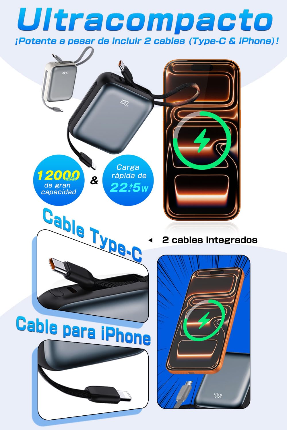 Batería Externa 12000mAh con Cables Integrados， Sin Necesidad de Cable， Carga Rápida PD 22.5W， 3 Dispositivos a la Vez， Compacta con Pantalla Digital（Gris）