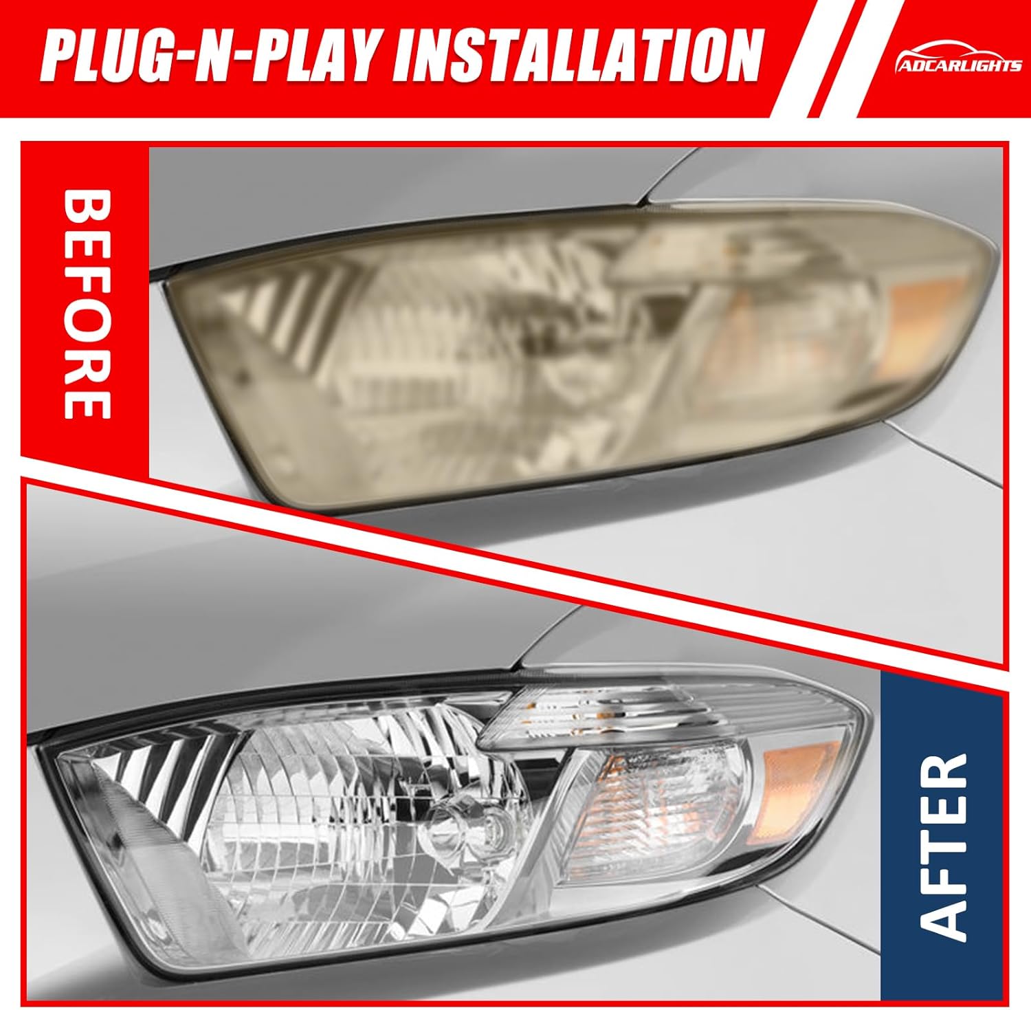Headlight Compatible with 2008 2009 2010 Toyota Highlander Base Headlamp with Chrome Housing Amber Reflector Replacement Pair Left and Right（W/O Bulbs）