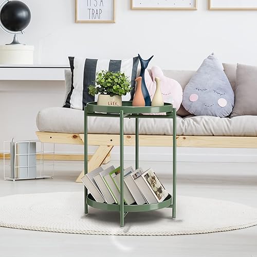 Vista 6 de TeoKJ 2 Tier Green Side Table, Folding Round Metal End Table Small Nightstand with Two Removable Tray for Bedroom Living Room Bedside Small Spaces