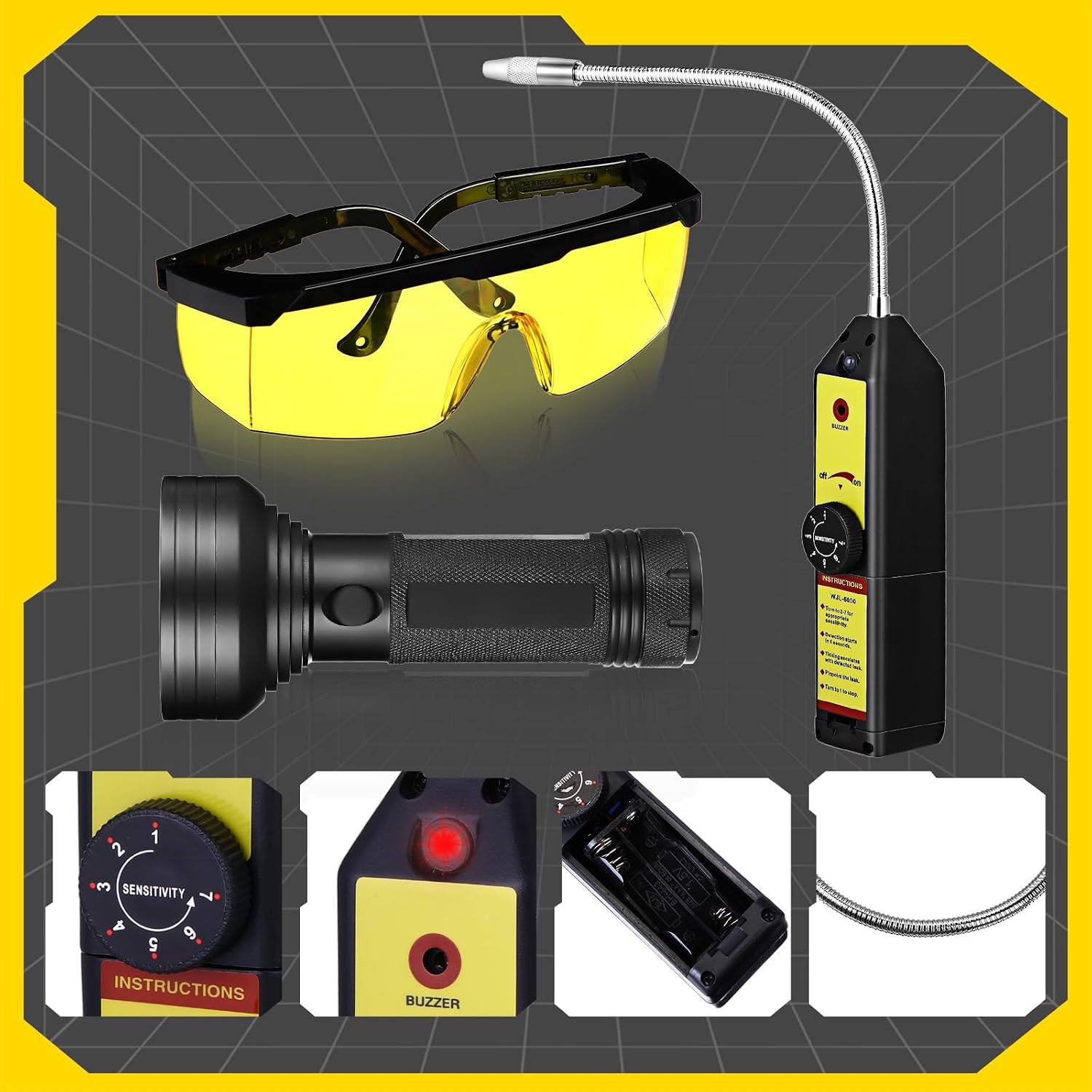 Tellegloww AC Leak Detector Kit, WJL-6000UV Refrigerant Leak Detector Auto Air Conditioner Tool Test Detection Kit Halogen Gas Leakage Tester UV Protective Glasses AC Sniffer R22 R410A R134A 1234YF