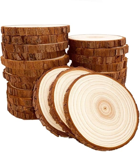 Natural Wood Slices 25 Pcs 8-9cm Unfinished Wood Craft Kit Undrilled Wooden Circles Without Hole Tree Slice with Bark for Arts Painting Christmas Ornaments DIY Crafts