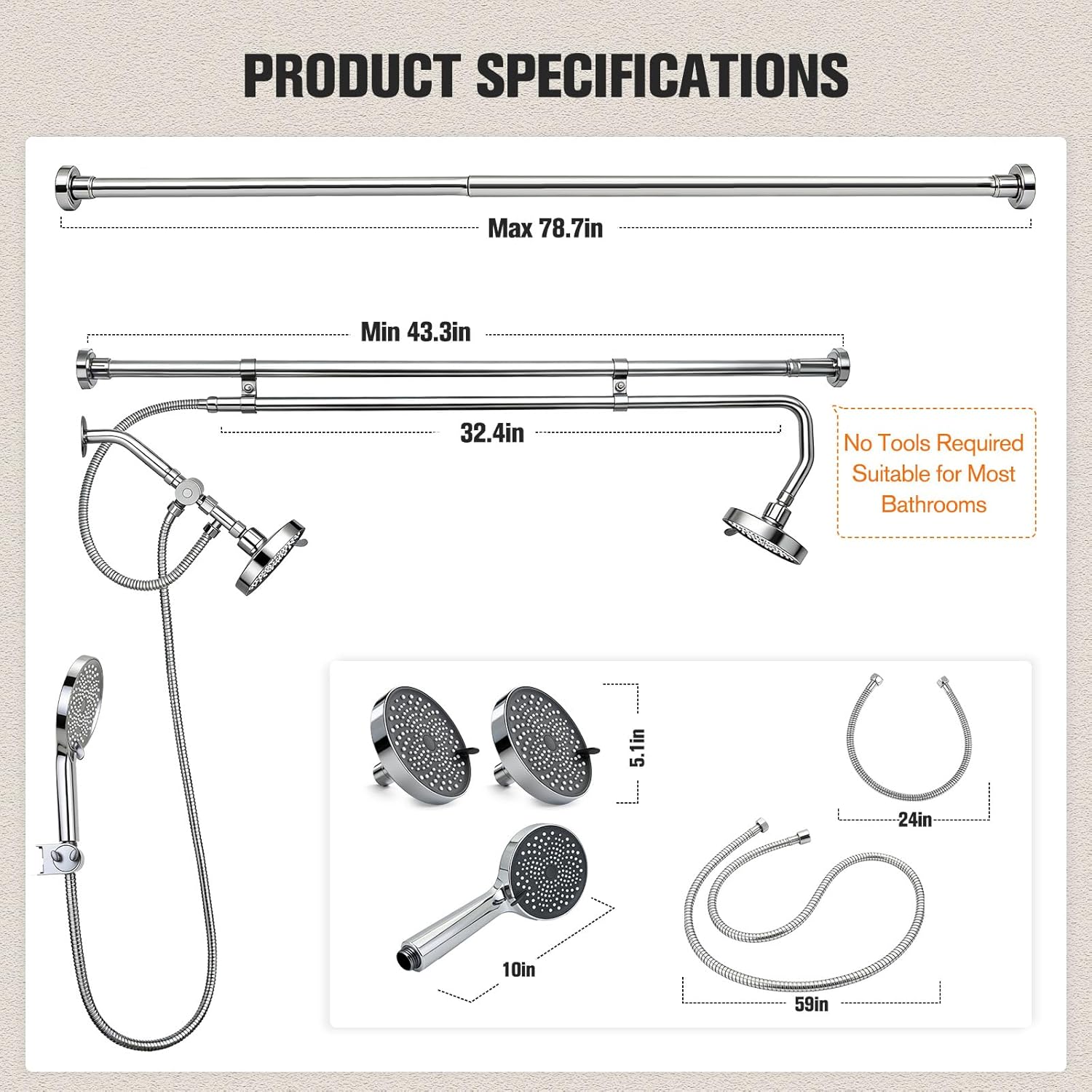 Tandem Shower Head for Couples, Dual Shower System with Sliding & 180°Rotation, Tool-free installation of a three-head silver shower with 3 spray modes