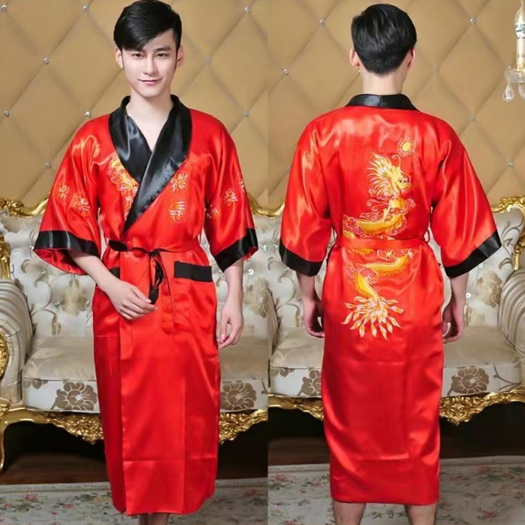 Herren-Kimono, Seide, wendbar, Seide, Bademäntel, chinesischer Drache, Kimono für Herren, mit Gürtel