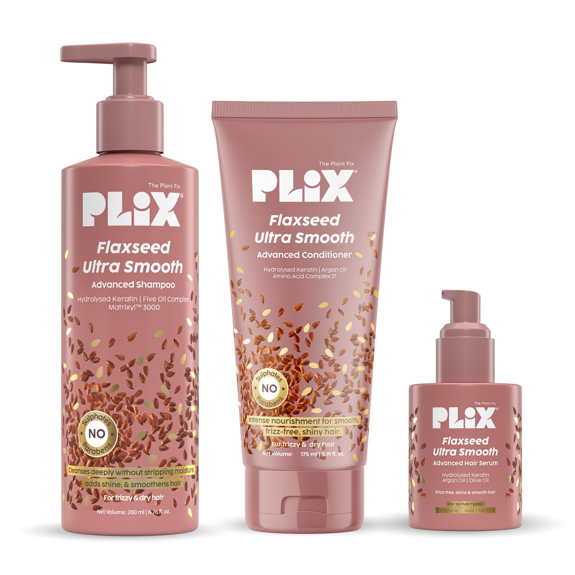 PLIX- THE PLANT FIX Flaxseed Ultra Smooth Combo | Shampoo, Conditioner & Anti-Frizz Serum | Plant Keratin PF | Flaxseed Oil | Argan Oil | Smoothens Out Hair | Controls Frizz | For Men & Women