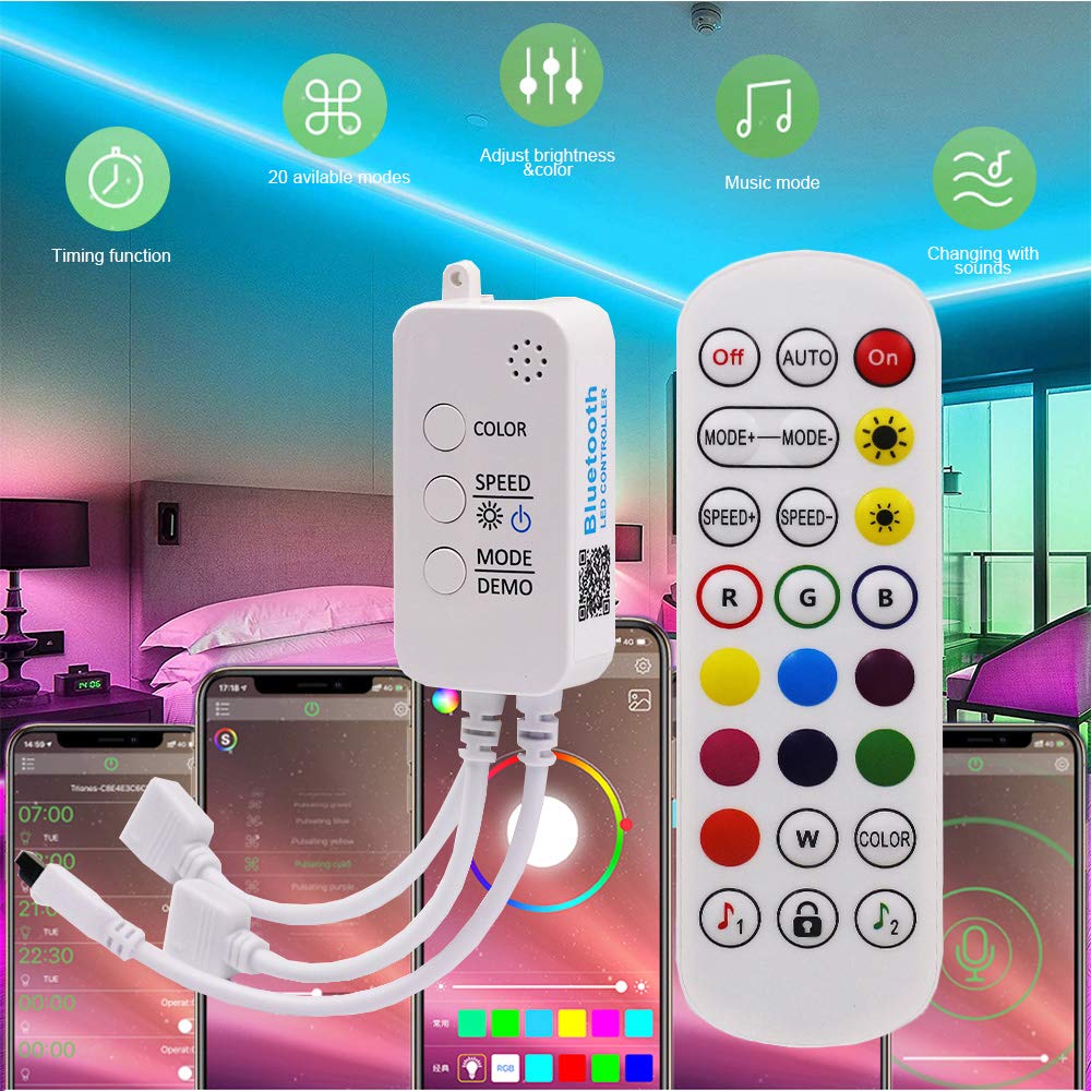 XUNATA Kit de Tira de LED RGB de Música y Bluetooth de 12 V- Tira de Luz Autoadhesiva SMD 5050 30LEDs/m, Control Remoto, Fuente de Alimentación (20m, Impermeable)