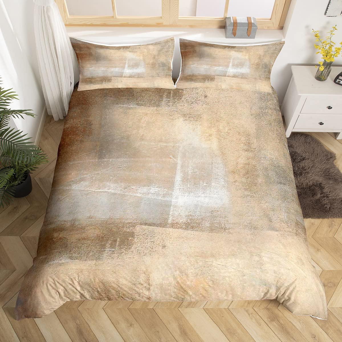 Vintage Abstract Bedding Duvet Cover Set Kids Light Brown Messy Rust Bedding Set Comforter Cover Set for Boys Decor Lightweight Modern Grunge Art Bedspread Cover Double Size With 2 Pillow Case — image 1