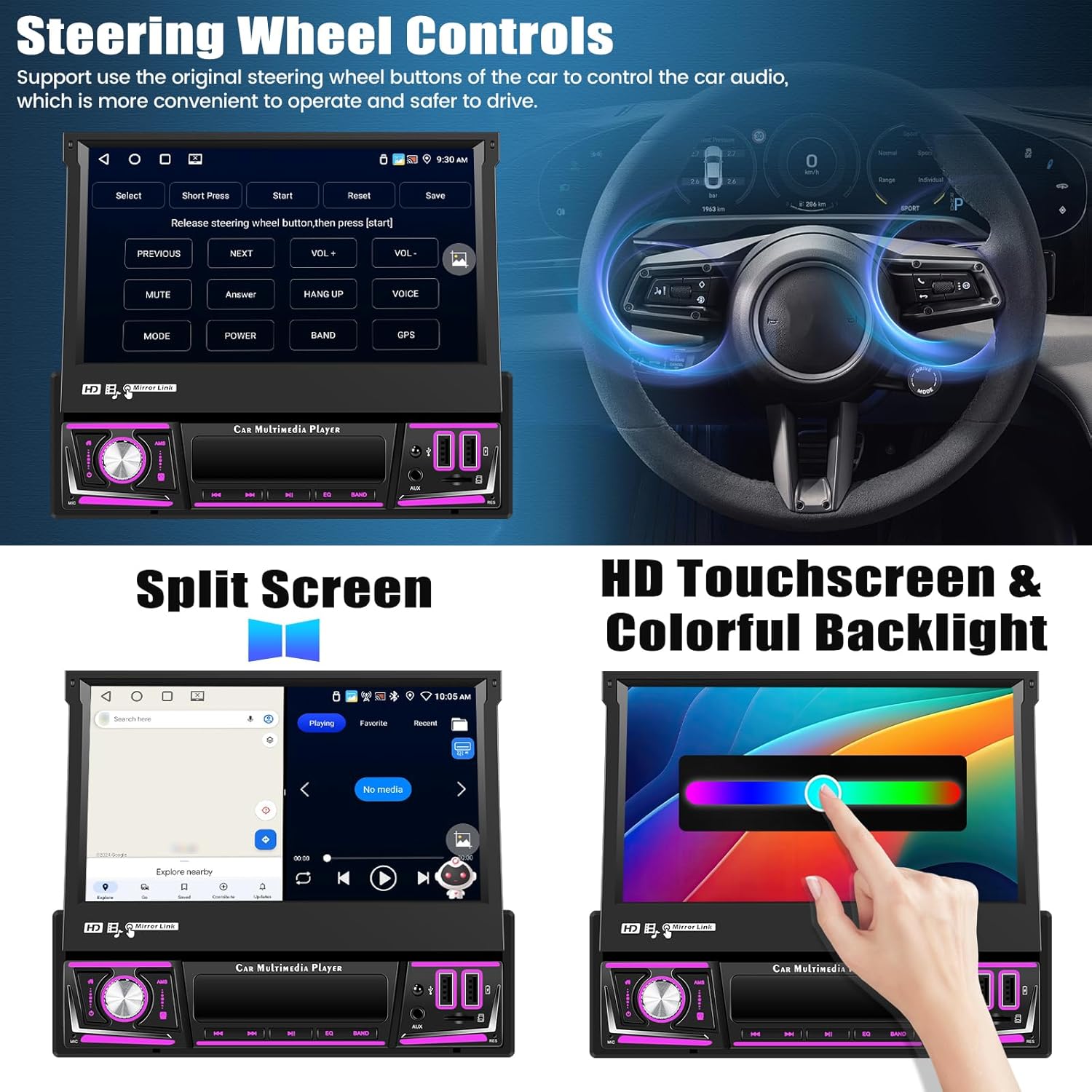 Image showing the steering wheel control interface for audio adjustments and a split screen view displaying two applications simultaneously.
