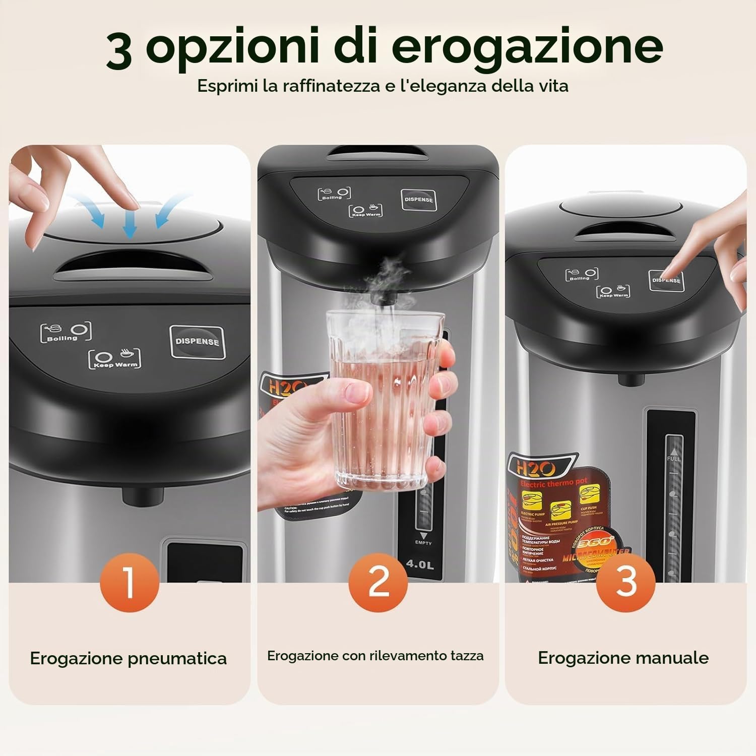Erogatore di acqua calda Thermopot, 4 l, bollitore per vin brulé, in acciaio inox, distributore di acqua calda, termostato, bollitore elettrico, con tre metodi di uscita, valvola di sicurezza e