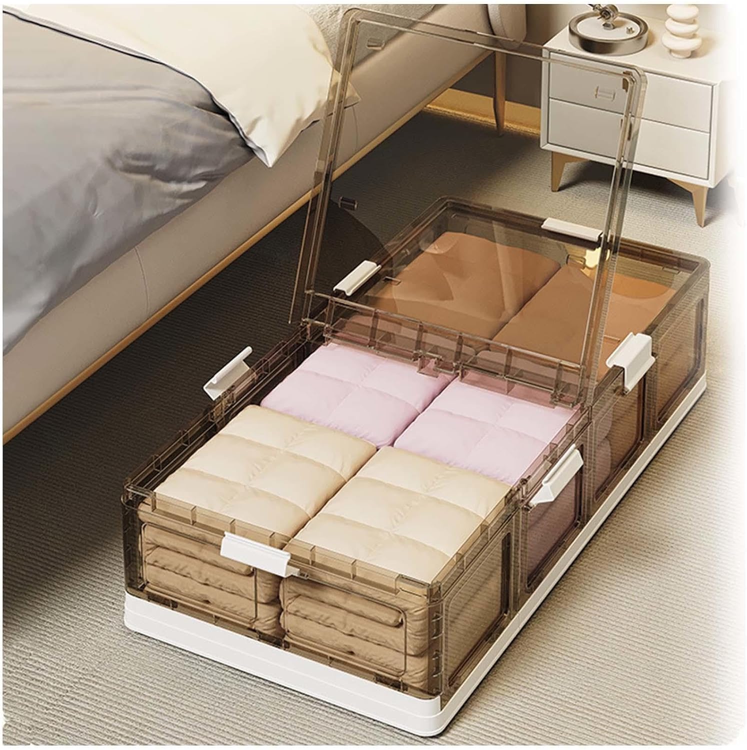 Under the Bed Storage with Wheels Plastic Foldable, Underbed Rolling Storage 66L Rolling Underbed Storage for Clothes,Shoes,Toys,transparent-1pack