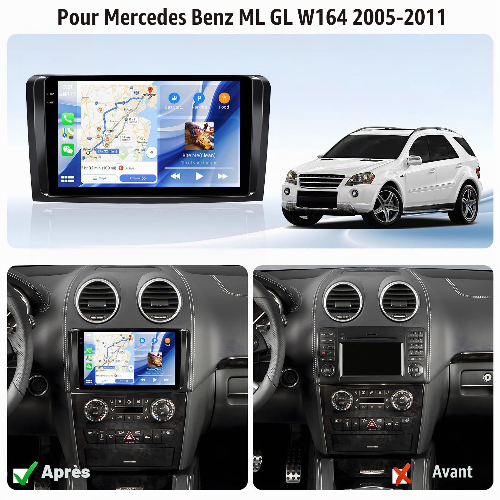 Android 15, 4G+64G GOHHDL Autoradio pour Mercedes Benz ML GL W164 ML350 ML500 GL320 X164 ML280, Écran Voiture 9 Pouces 2Din avec sans Fil Carplay Android Auto WiFi GPS FM/RDS BT SWC Caméra arrière&Mic