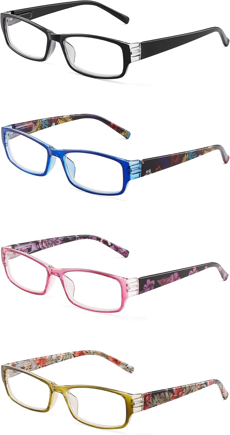 JM 4 Pack Ladies Reading Glasses Spring Hinge Fashion Floral Readers for Women +3.5 Mix Color