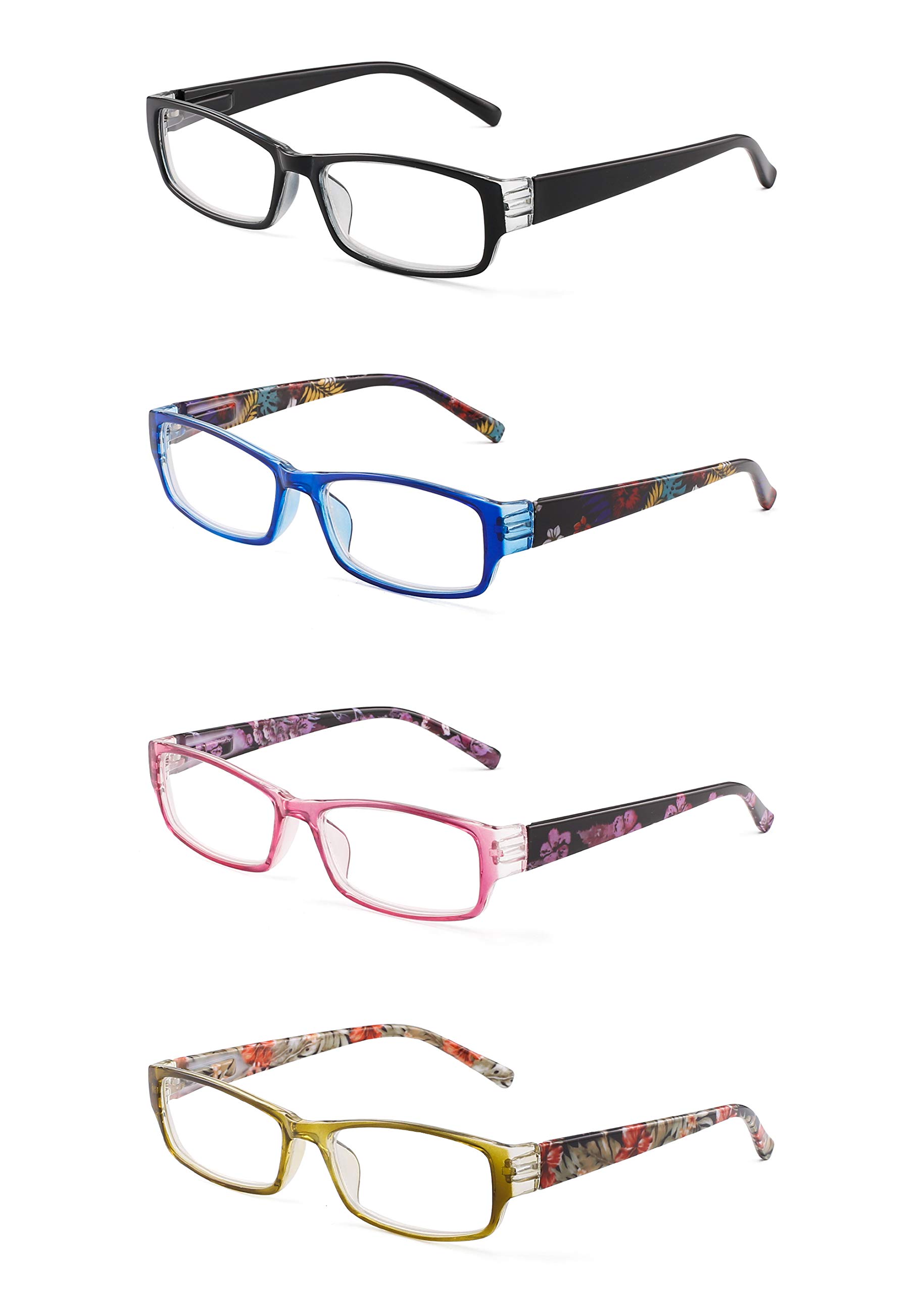 JM4 Pack Ladies Reading Glasses Spring Hinge Fashion Floral Readers for Women