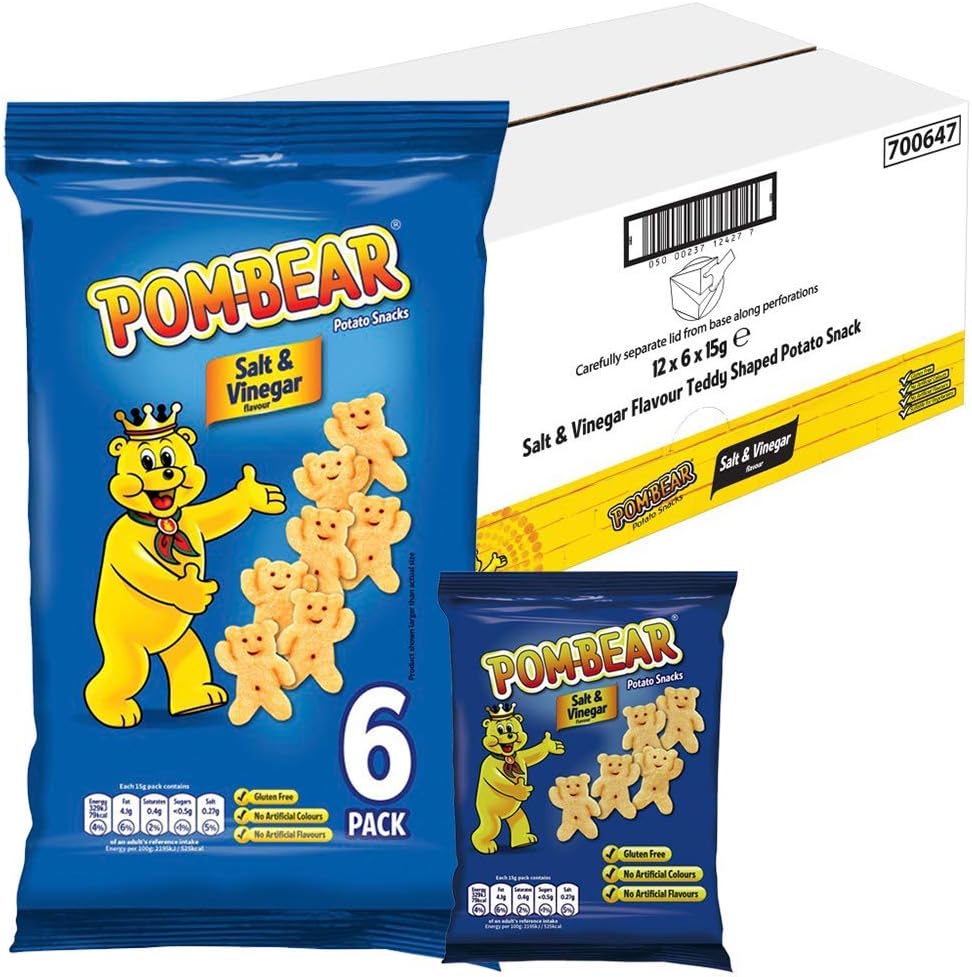 Pom-Bear Multipack Crisps, Flavoured Bear Shaped Potato Crisp Snacks Bundle, 12 x 6 x 15g – Salt & Vinegar