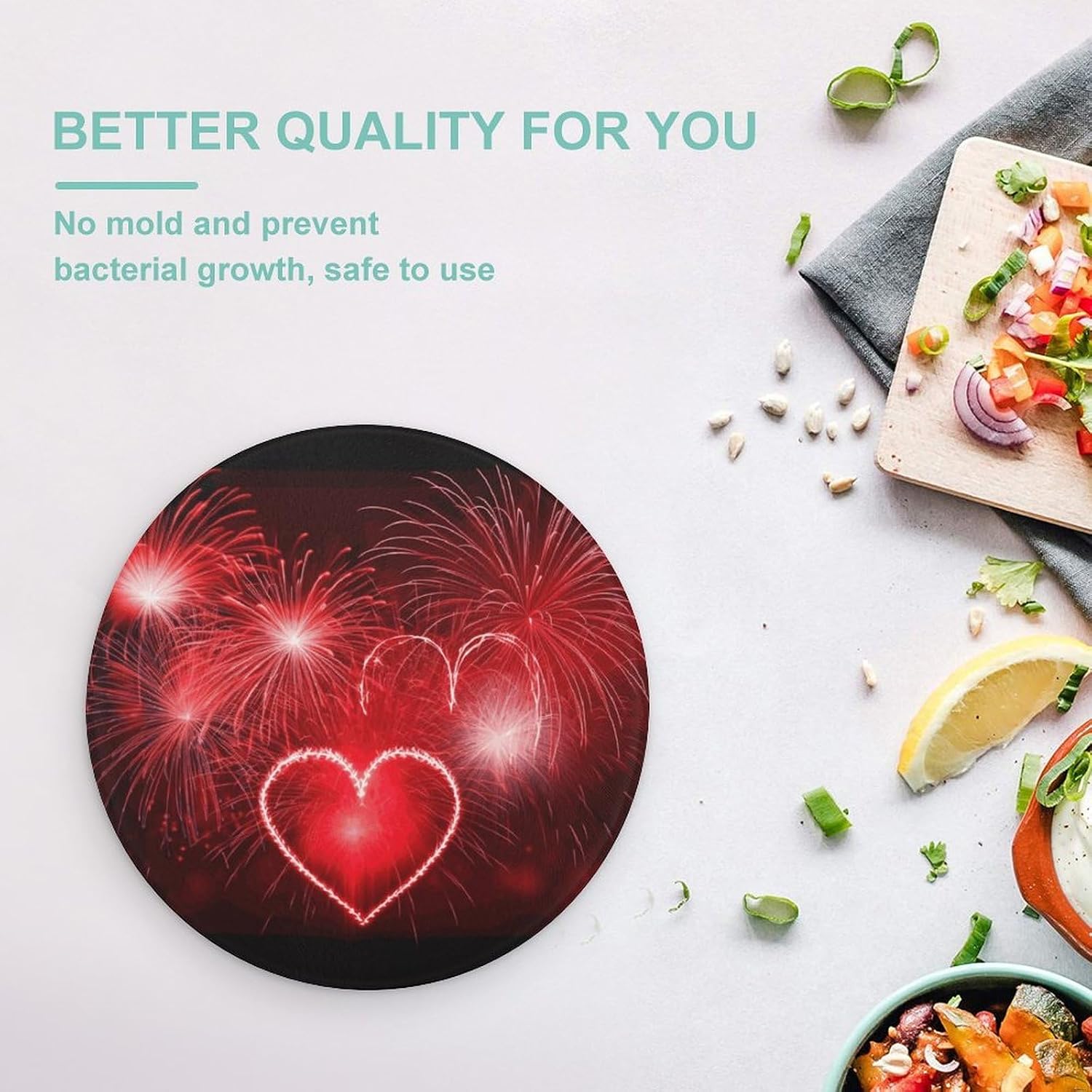 Red Hearts Fireworks Cutting Board Portable Small Chopping Boards Tempered Glass Kitchen Counter Protector Non-Slip Round Charcuterie Boards Mat for Bar Cheese Board